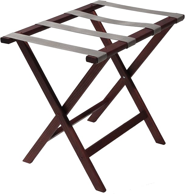 Wooden Mallet Luggage Rack,Grey Straps, Wood, Mahogany, 20" H x 23.75" W x 15.5" D