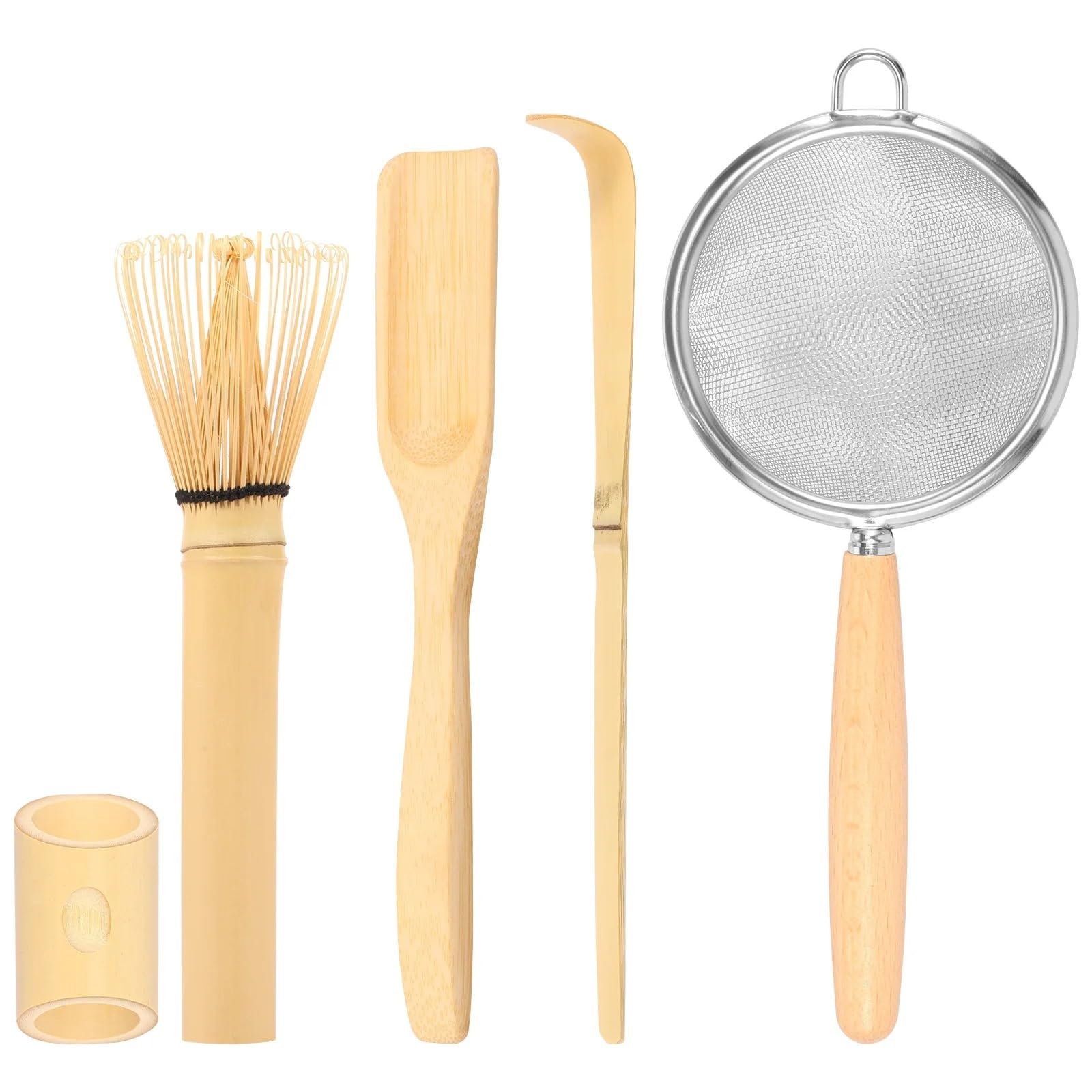 Servicio de té Matcha Juego de 4 o 5 batidores matcha hechos a mano, cuchara for té tradicional, colador profundo, soporte transparente for almacenamiento(5Pcs)