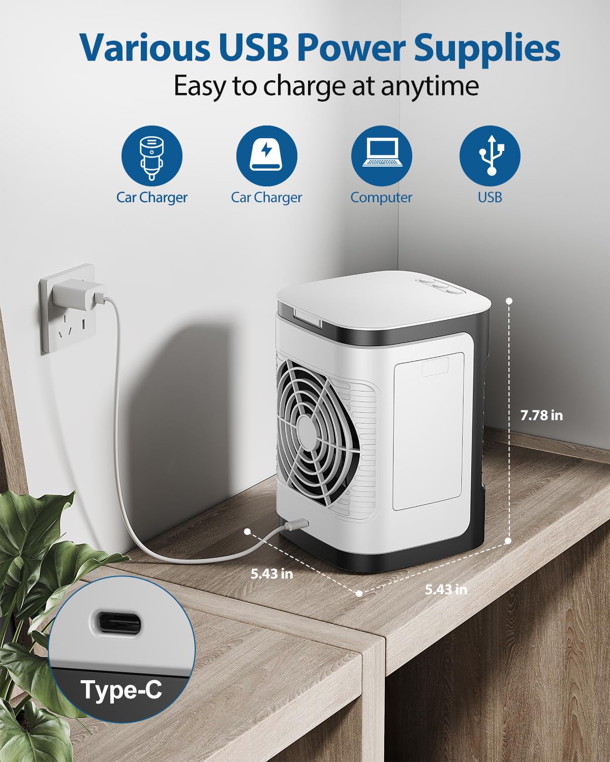 Aire acondicionado portátil, aire acondicionado personal para habitación, unidad de aire acondicionado portátil con oscilación de 100°, mini aire acondicionado alimentado por USB para tienda de 4