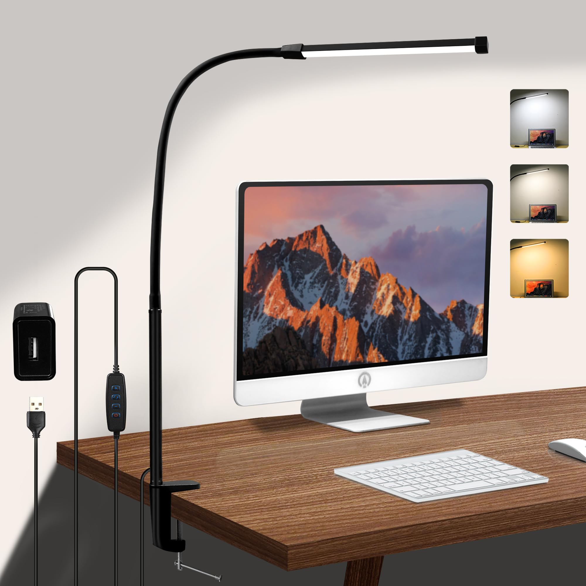 CUHIOY Clip on Desk Lamp, Eye-Caring LED Desk Lamp with Clamp, 3 Colors 10 Brightness, Space-Saving Flexible Gooseneck Table Lamp for Office, Study, Reading, Nail, Craft, Architect (Adapter Included)