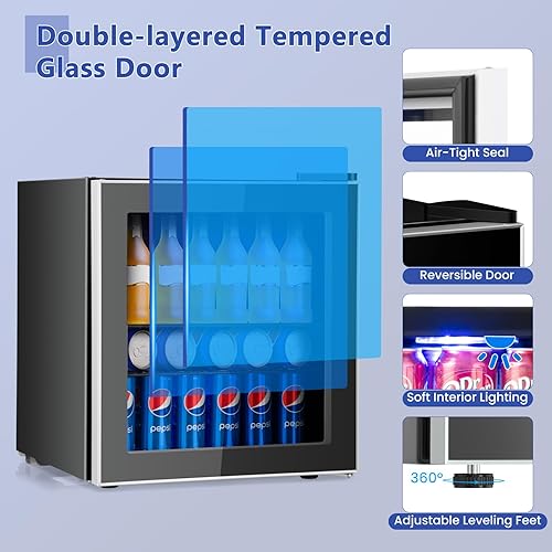 Miniatura 6 de COSTWAY Refrigerador de bebidas para 60 latas, mini refrigerador independiente con puerta de vidrio y estantes extraíbles, refrigerador pequeño para