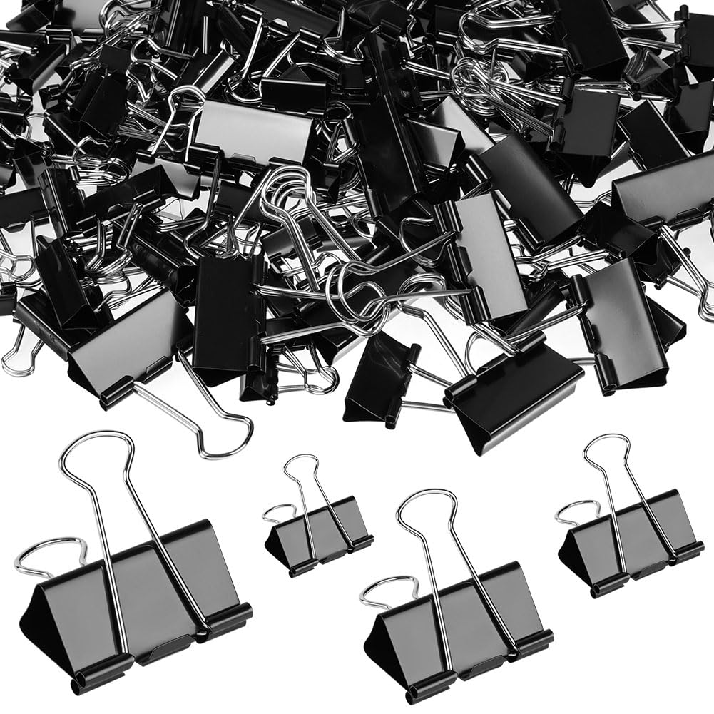 AOOSU Binder Clips 205pc, Bulldog Clips for Paper – Black Metal Foldback Clip, Paper Clamp Suitable for Offices, Schools, Homes, Kitchens, Shops, 4 Mixed Sizes