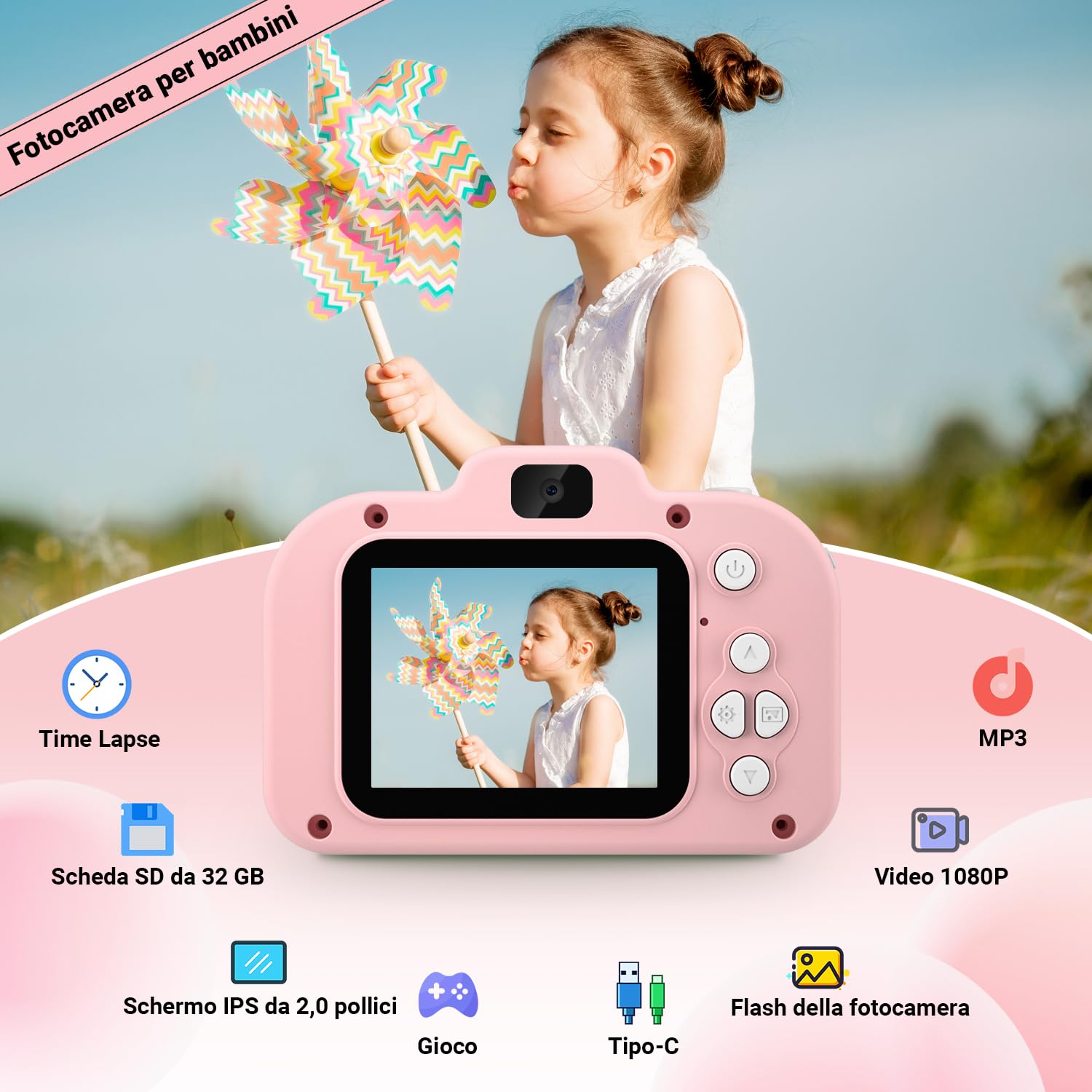 Macchina Fotocamera bambini ,Scheda 32GB,1080P HD Ricaricabile Fotocamera Digitale Regalo Giocattolo di Natale & Compleanno 3-10 Ragazzi Ragazze