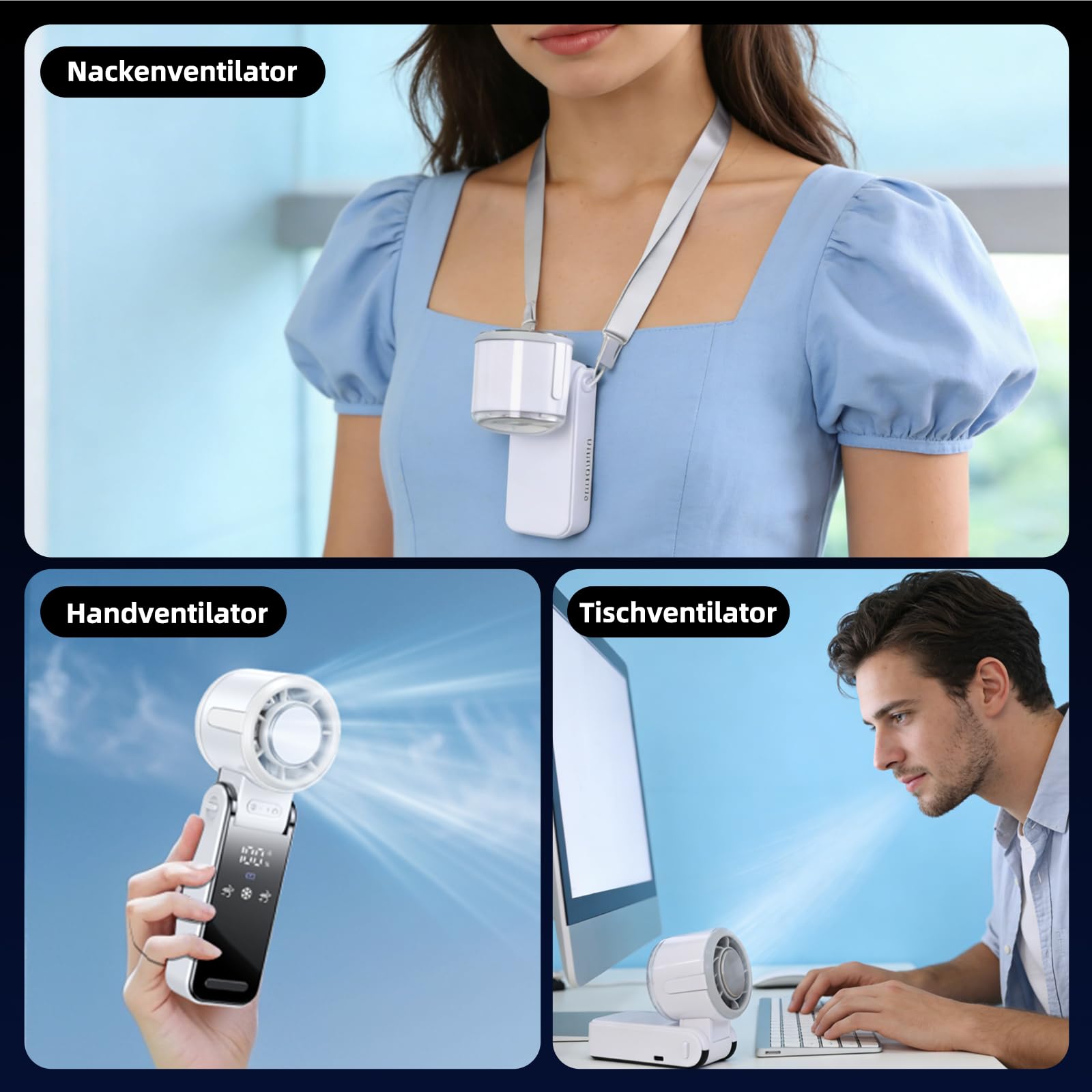 Handventilator Akku Aufladbar, Tragbarer Klein Turbo-Ventilator mit 100 Stufen Wind, 3-in-1 Mini Ventilator Leise für Hand, Hals und Tisch, Faltbarer USB Fan für Reisen, Büro und Outdoor