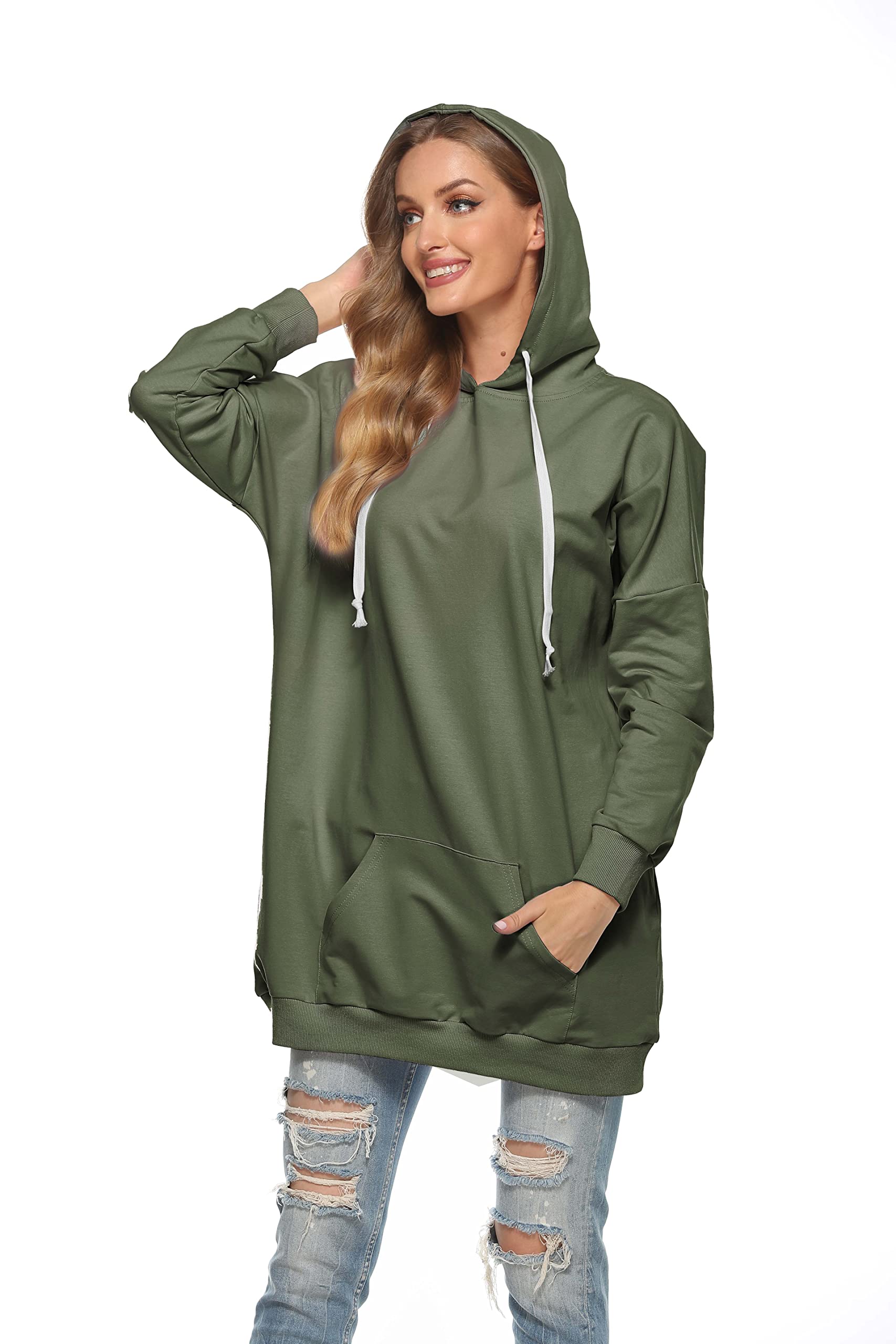 Famulily Damen Oversized Hoodie Kleid Baumwolle Lang Sweatshirt mit Kapuze Einfarbige Kapuzenpullover und Taschen und Kordelzug