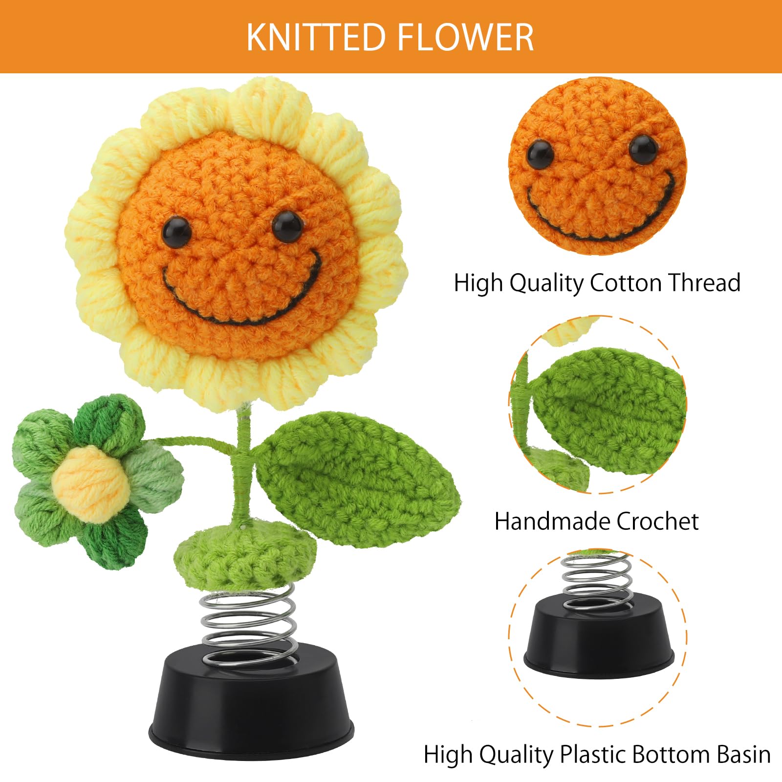 DAWRIS Car Bobblehead Sunflower Crochet Potted Flowers Dashboard Decor Shaking Heads Nodding Doll Car Interior Decor Ornaments Fun Gifts for Men Women - Image 3