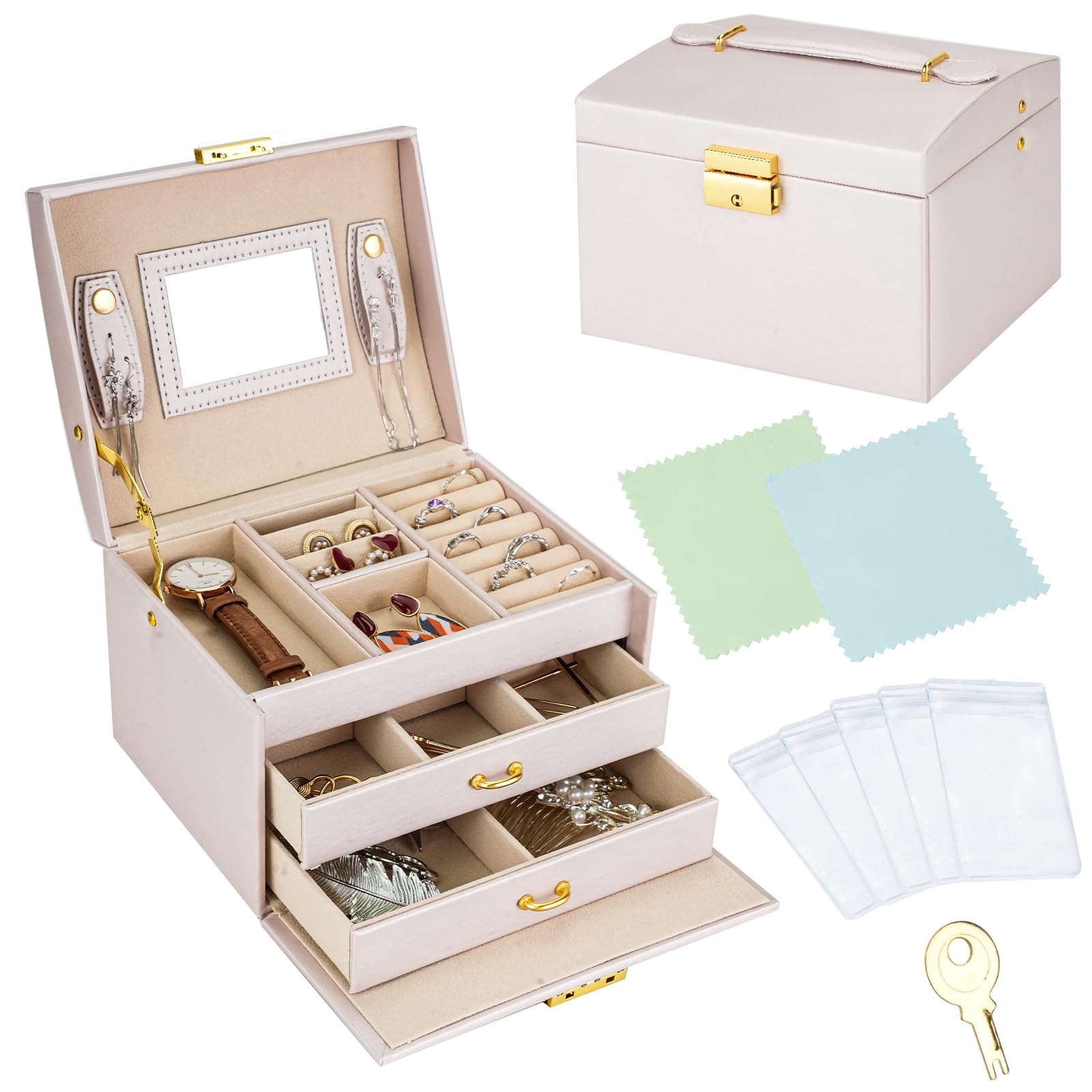 XINGYATUXINGYATU 3-tier large drawer-style jewelry organizer box, PU leather travel jewelry organizer, lockable jewelry storage box for earrings, necklaces, watches, bracelets