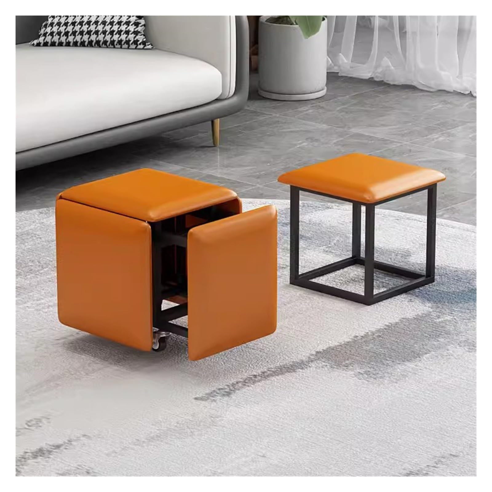 WDSOPK Moveable Stool Cubes 5 in 1 Seating Cube with Swivel Casters,Stackable Sofa Chair Stools Nesting Ottoman Stool,Leather Cube Chair Vanity Stool with Metal Legs（Orange）
