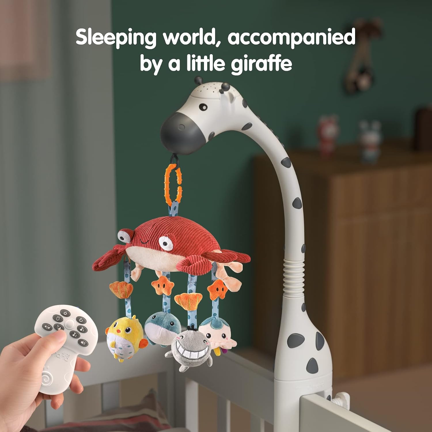 TUMAMA Remote Control Musical Nursery Mobile Soft Plush Tummy Time Mirror Hanging Toys, Baby Moblie Crib with Night Light Projector Baby Shower Gifts for 0 3 6 9 Month