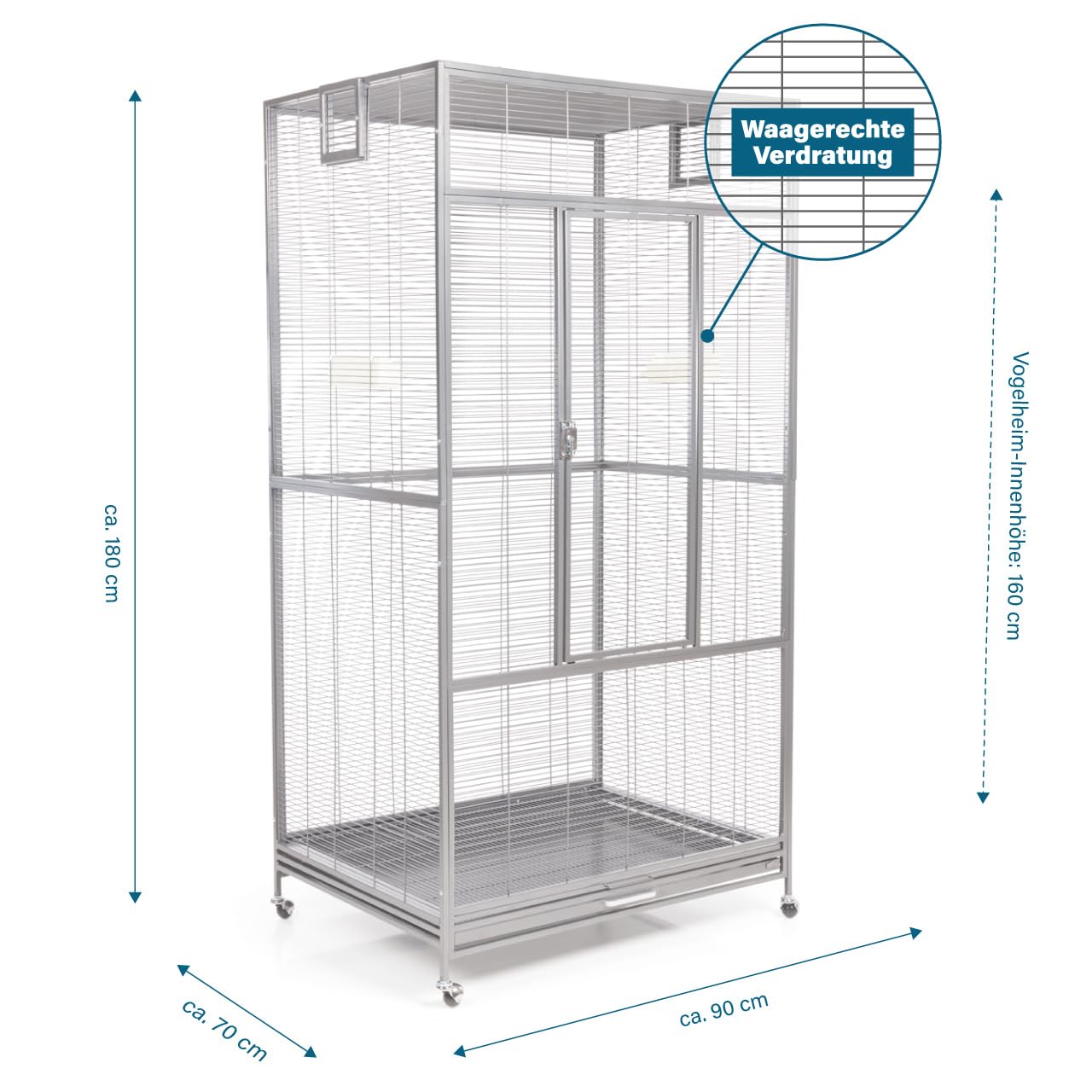 Montana Cages | Premium Voliere New Sydney I Vogelkäfig für Sittiche und kleine Papageien, inkl. 2 Näpfe, 4 Lenkrollen, AVILON Pulverbeschichtung, Platinum Edition, ca. 90 x 70 x 180cm
