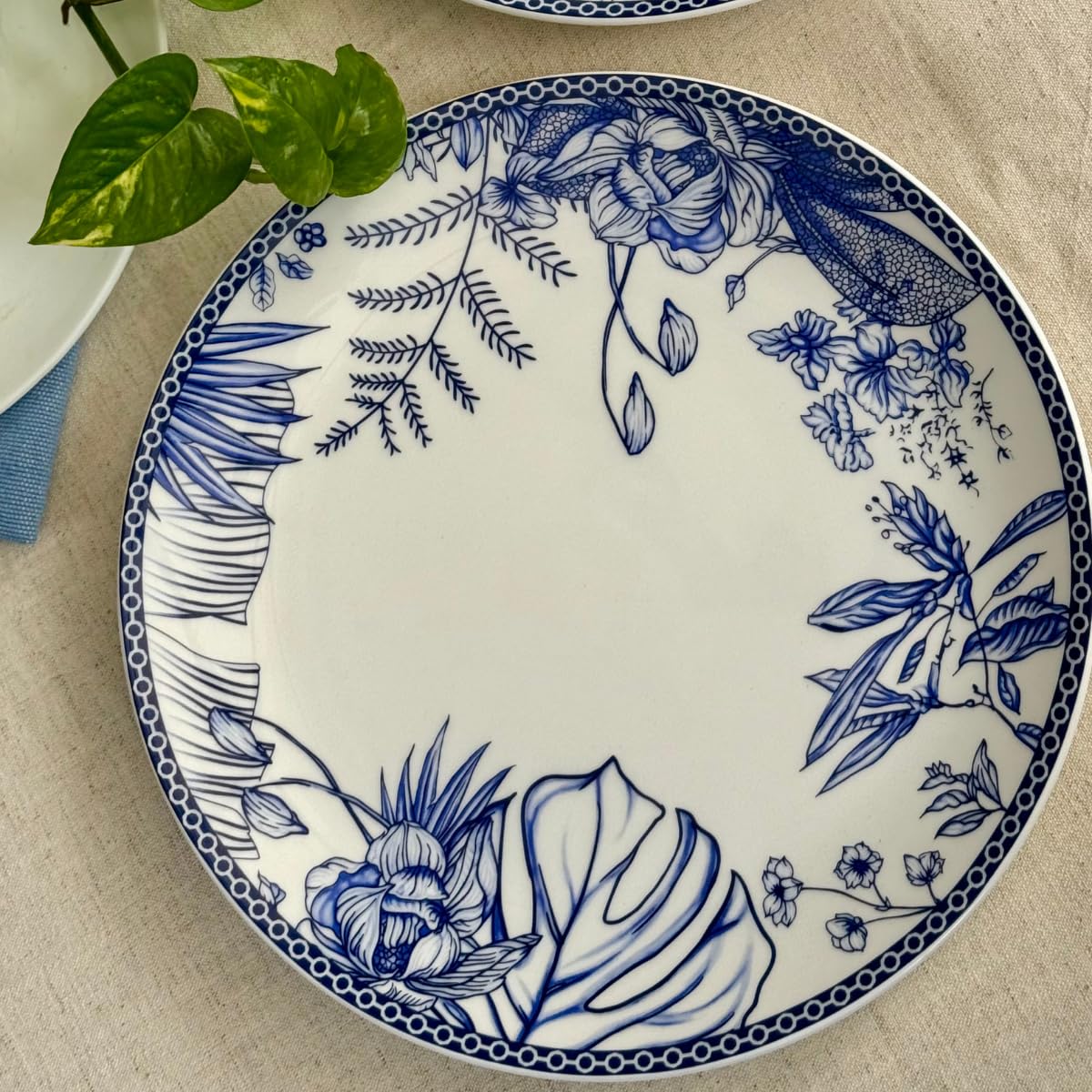 GOLDEN QUEEN'S Handcrafted Dinner Plates: Set of 2 | Perfect for Hosting and Daily Meals | Microwave Safe Plates | 11 inch | Serves 2 - Classic Blue Floral-image-1