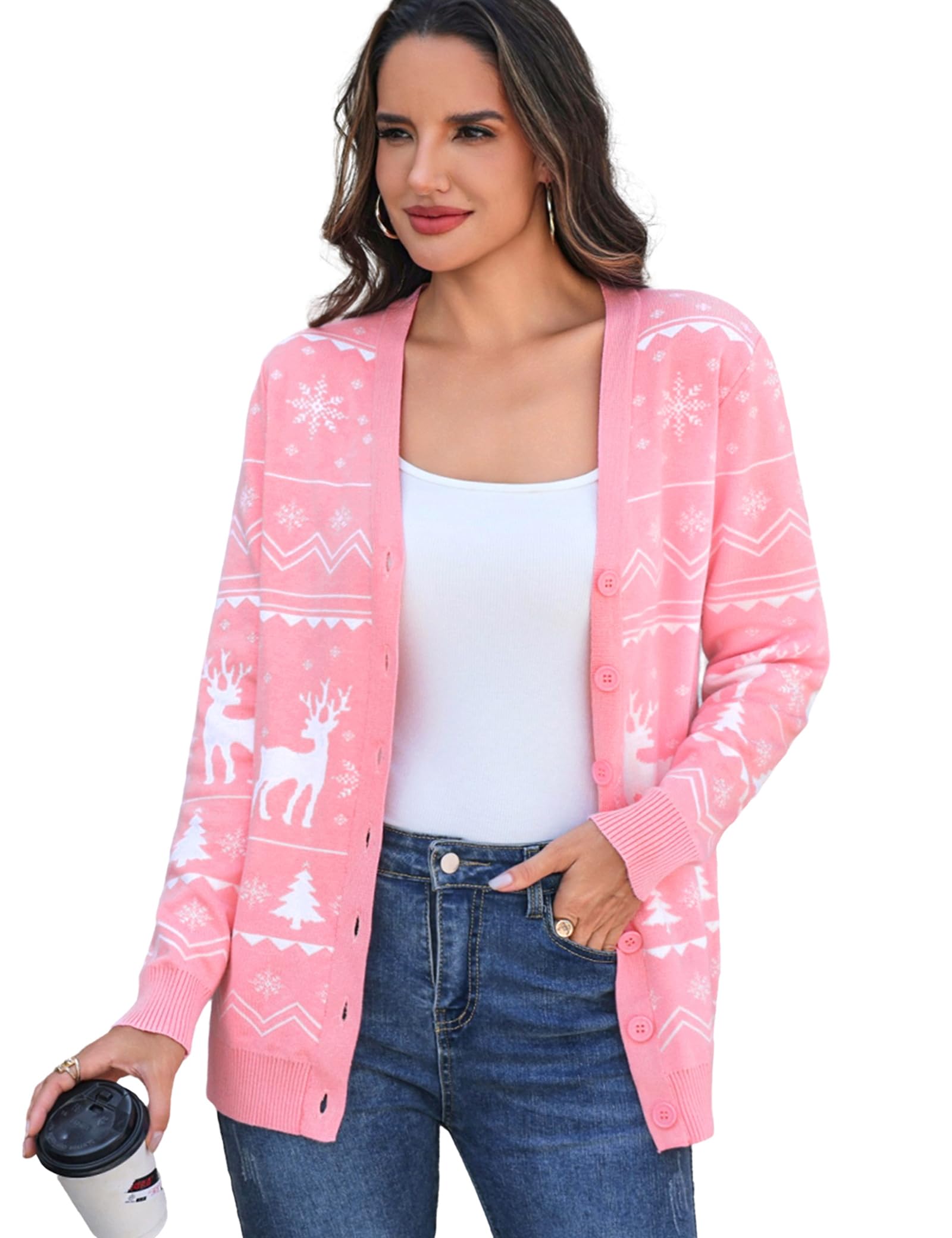 Aottori Weihnachts Strickjacke Damen Rundhals Langarm Klassisch Mit Knöpfen
