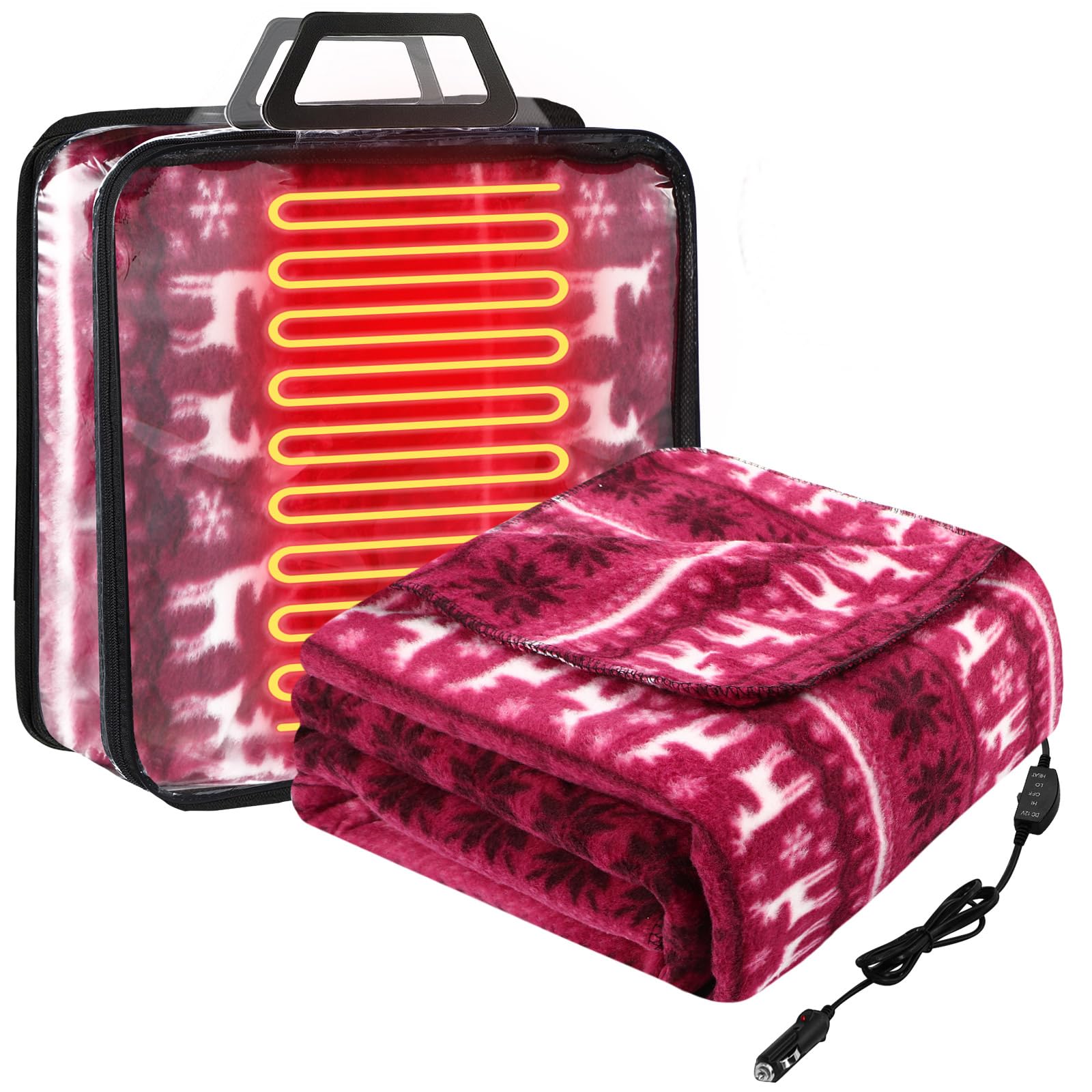 Tuanse 58x43 Inches 12v Heated Car Blanket Plug in, Red White, Reindeer