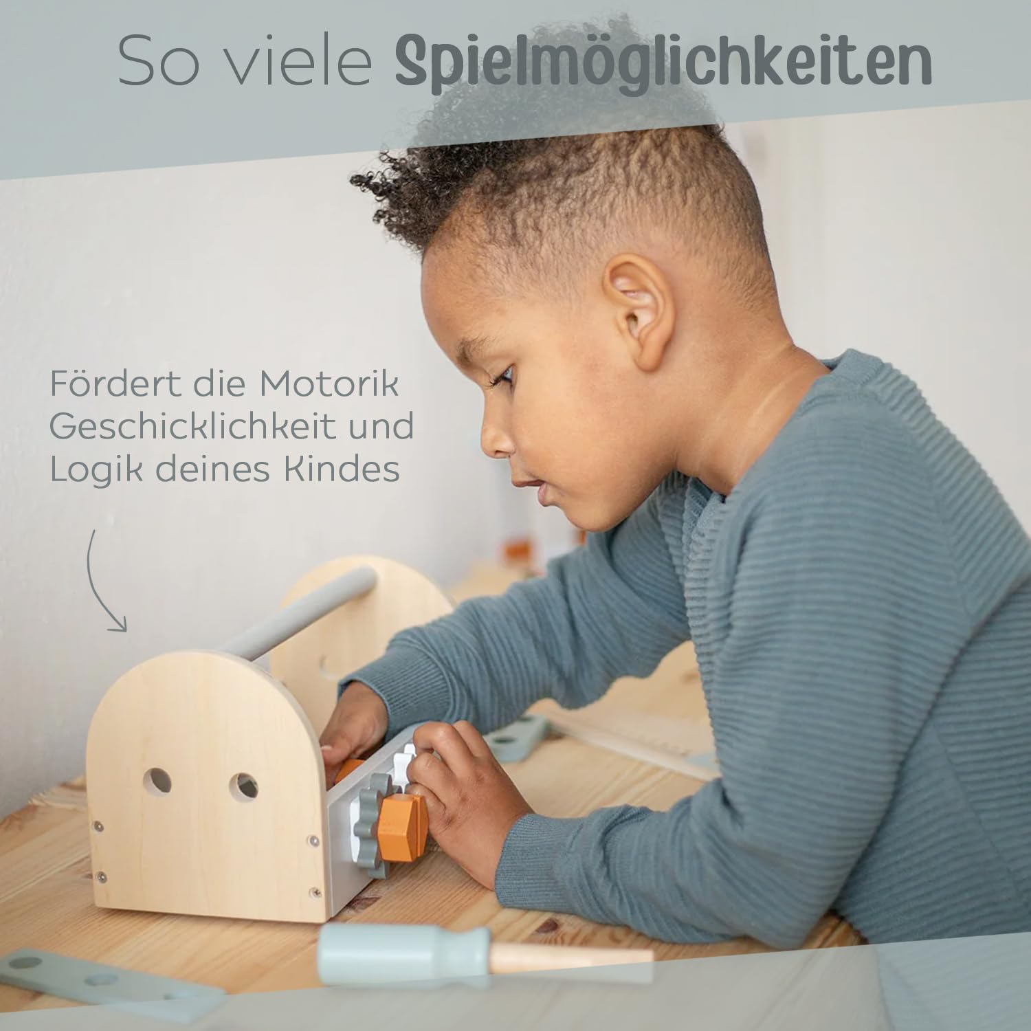wunderwunsch Tryco Kinder Werkzeugkasten Holz, Werkzeugkoffer als Geschenk, Werkzeugset für Kleinkinder zum Lernen, Motorikspielzeug personalisiert, individualisiert (ohne Name)