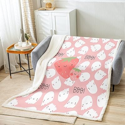 Kawaii Ghost Bed Blanket Kids Girls Pink Strawberry Sherpa Blanket Soft Cozy Lightweight Cartoon Fruit Plush Fleece Halloween Blanket Gifts for Couch Bed Chair Office Sofa(Throw 50