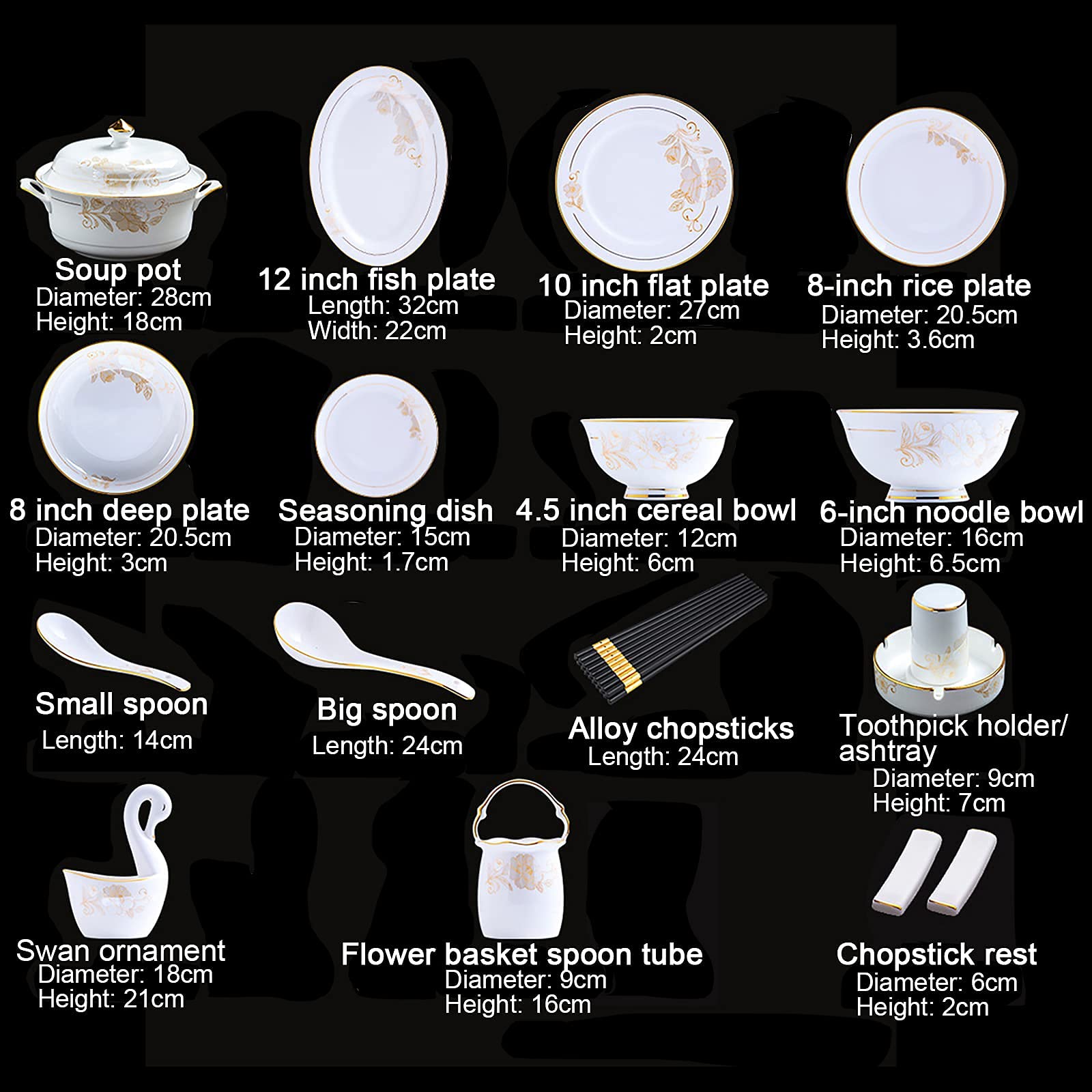 70-częściowy zestaw obiadowy dla 10 osób, biała porcelana, zestaw kuchenny z porcelany kostnej, z miseczkami na musli, talerzami deserowymi, miseczkami i talerzami do zupy, talerzami obiadowymi i S