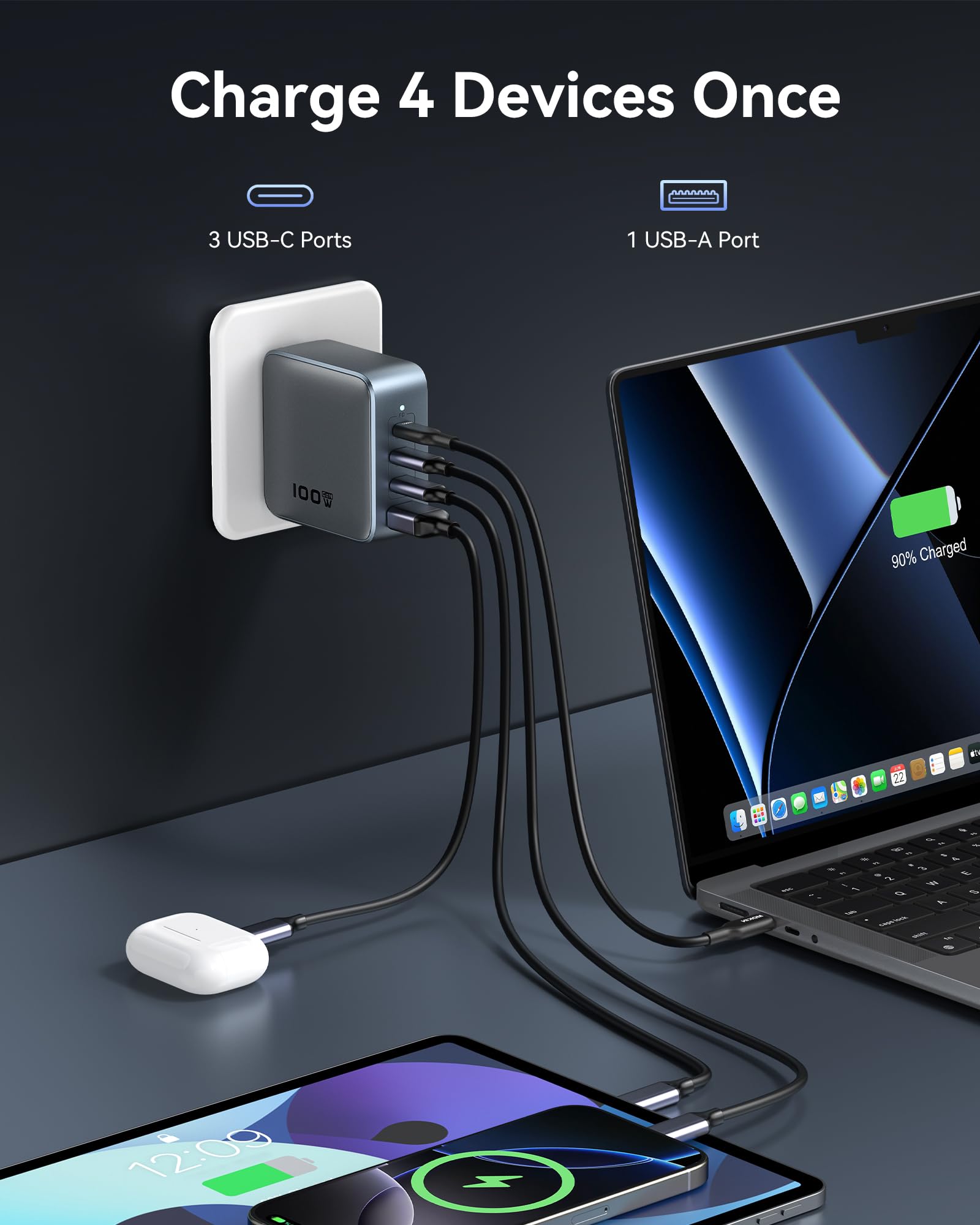 Cargador USB C de 100 W, cargador GaN de 4 puertos USB C estación de carga rápida plegable cargador de pared compacto adaptador de corriente para MacBook Pro/Air, Dell XPS, iPad Pro, iPhone 16/15,