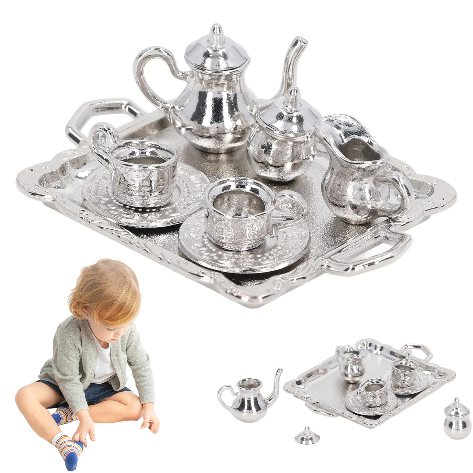 Mini Tea Set, Metal 1/12 Miniature Tea Set, Vintage Pattern Tiny Tea Set, Decorative Mini Tea Cups Tray Kit for Dollhouse Mini House Ornament, Mini Tea Set