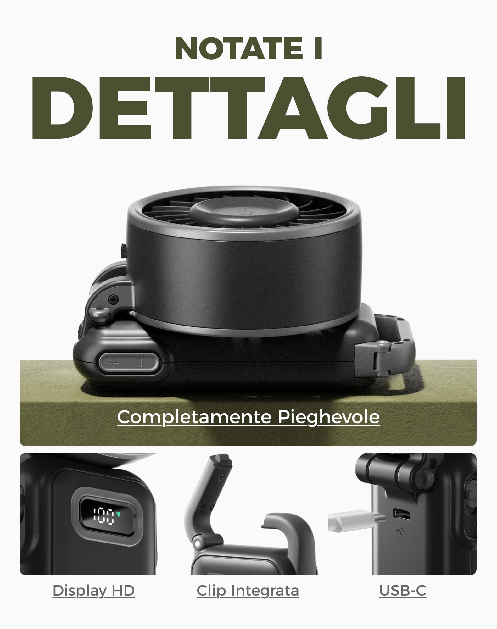 Diveblues Ventilatore Portatile Pieghevole con Batteria - 100 Velocità Regolabili e fino a 12h di Autonomia - Potente ma Piccolo per Mano, Scrivania e Collo - Ideale per Viaggi, Spiaggia e Campeggio