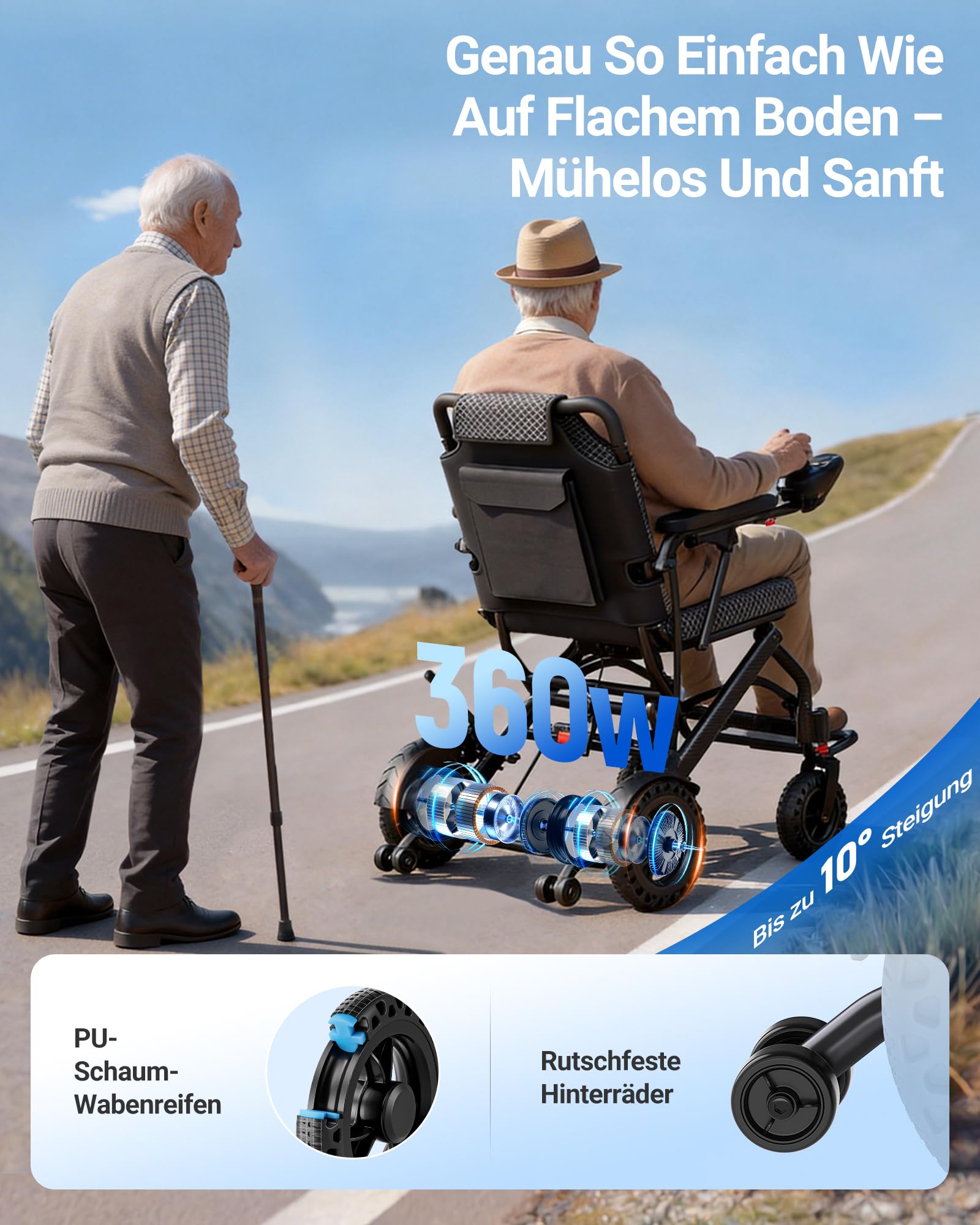 Rollstuhl Elektrisch Faltbar Leicht 16,2KG Elektrischer Rollstuhl 32KM | Sitzbreite 47cm, 12Ah Lithium-Batterie, 360W Elektrorollstuhl, 5 Jahre Support, Flugzeugzulassung, Kohlefaser-Folie
