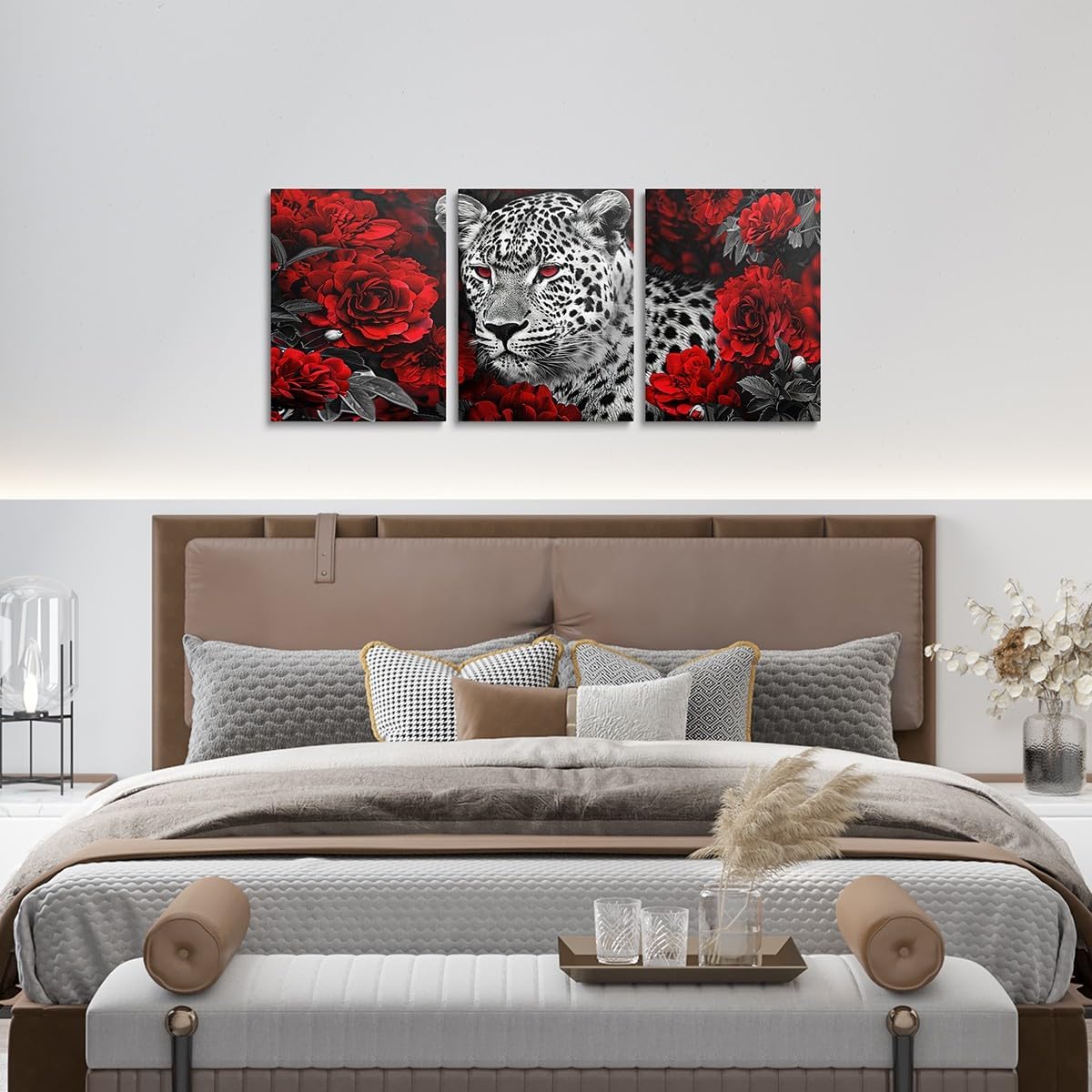 Leopard Canvas Wall Art Set of 3,Red Rose Flowers Paintings Wall Decor for Bedroom Cheetah Print Canvas Art Prints,African Western Wild Animals Pictures Bathroom Wall Decor,Black Grey and White