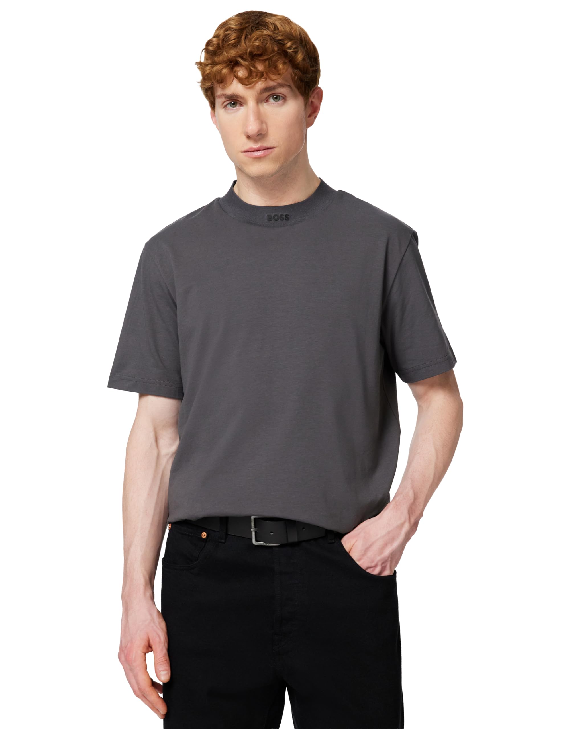 BOSS Zone Men's T-Shirt with Collar, 027dark Grey, L