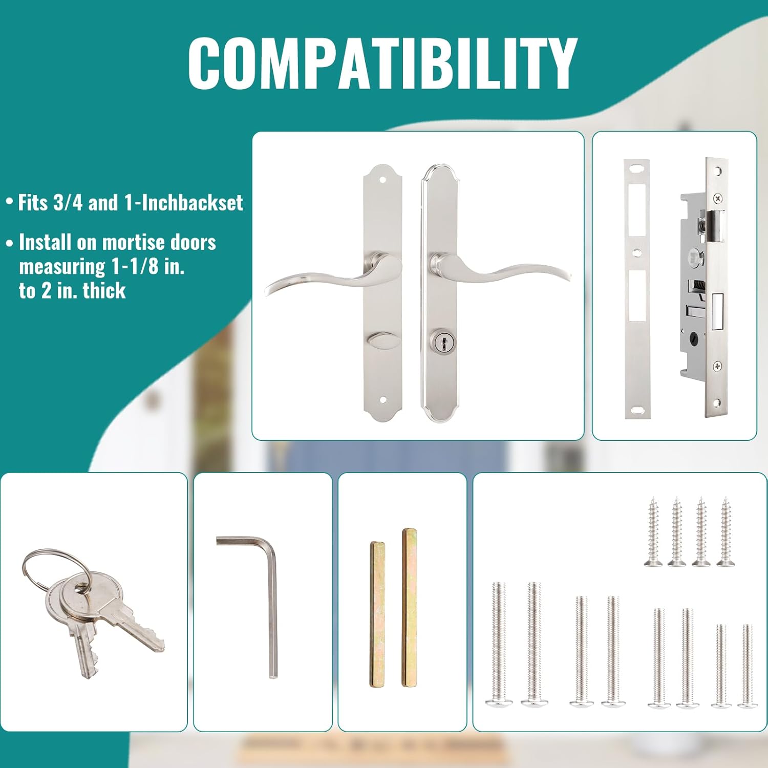 Flat Slot Storm Door Handle Complete Set, Mortise Keyed Lever Mount Latch with Deadbolt for Screen and Storm Doors (Brushed Nickel)