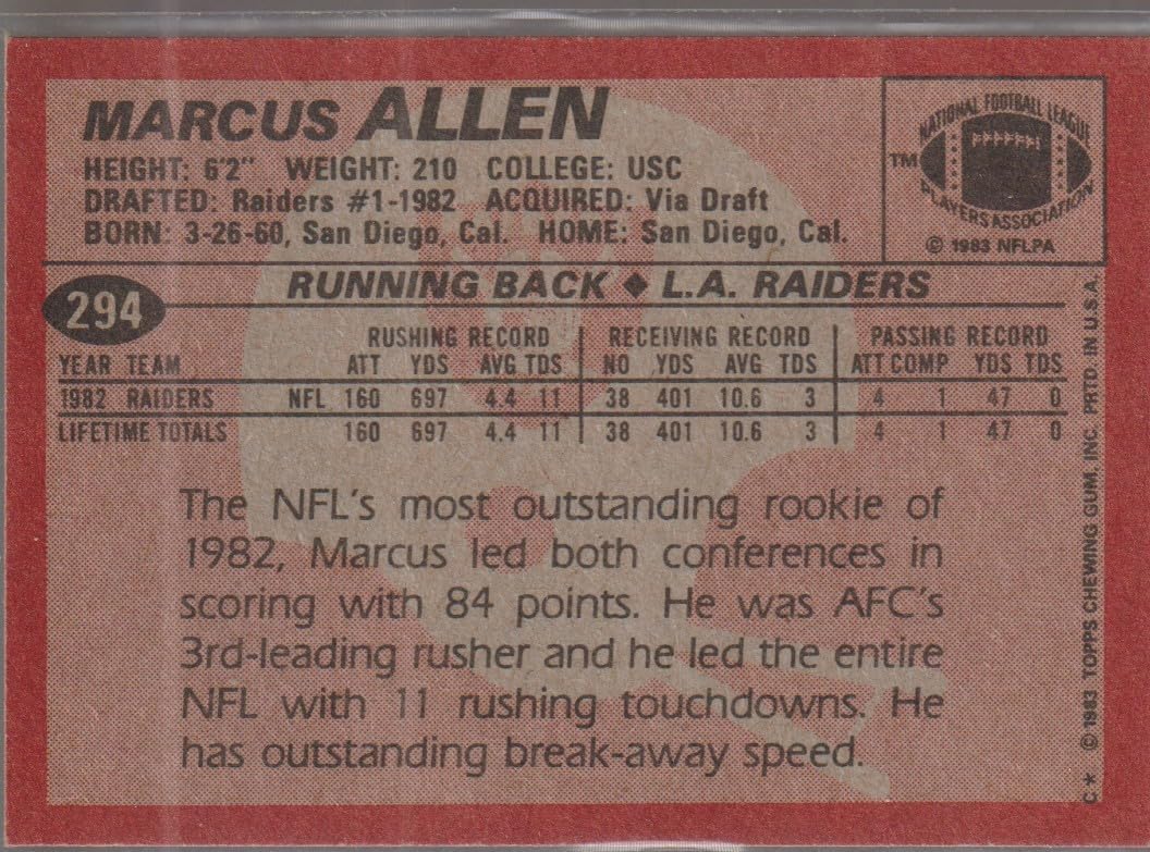 1983 Topps Marcus Allen Raiders AFC Pro Bowl Football Card image 2