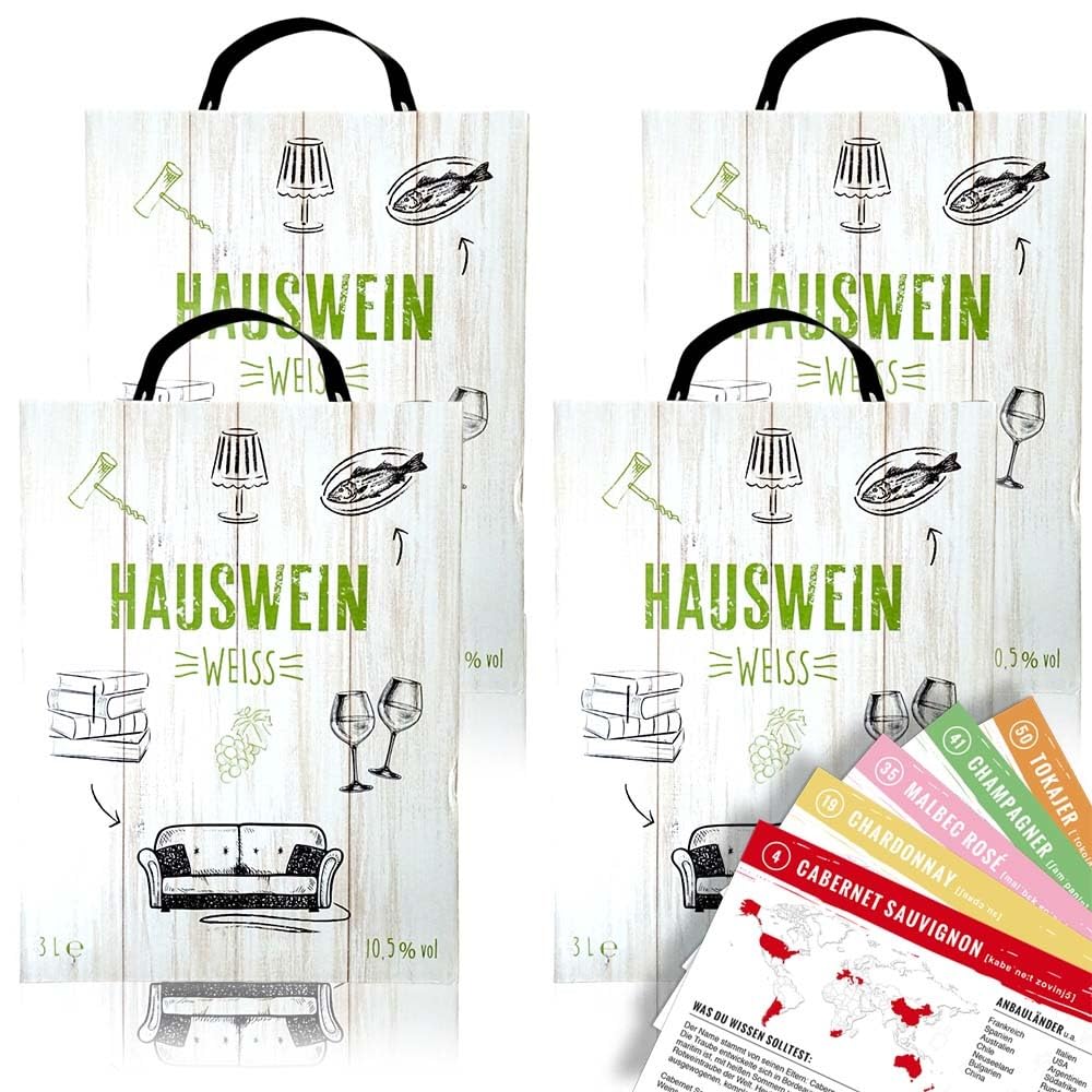 Hauswein Weiß, halbtrocken, Bag-in-Box, sortenreines Weinpaket + VINOX Winecards (4x3,0l)