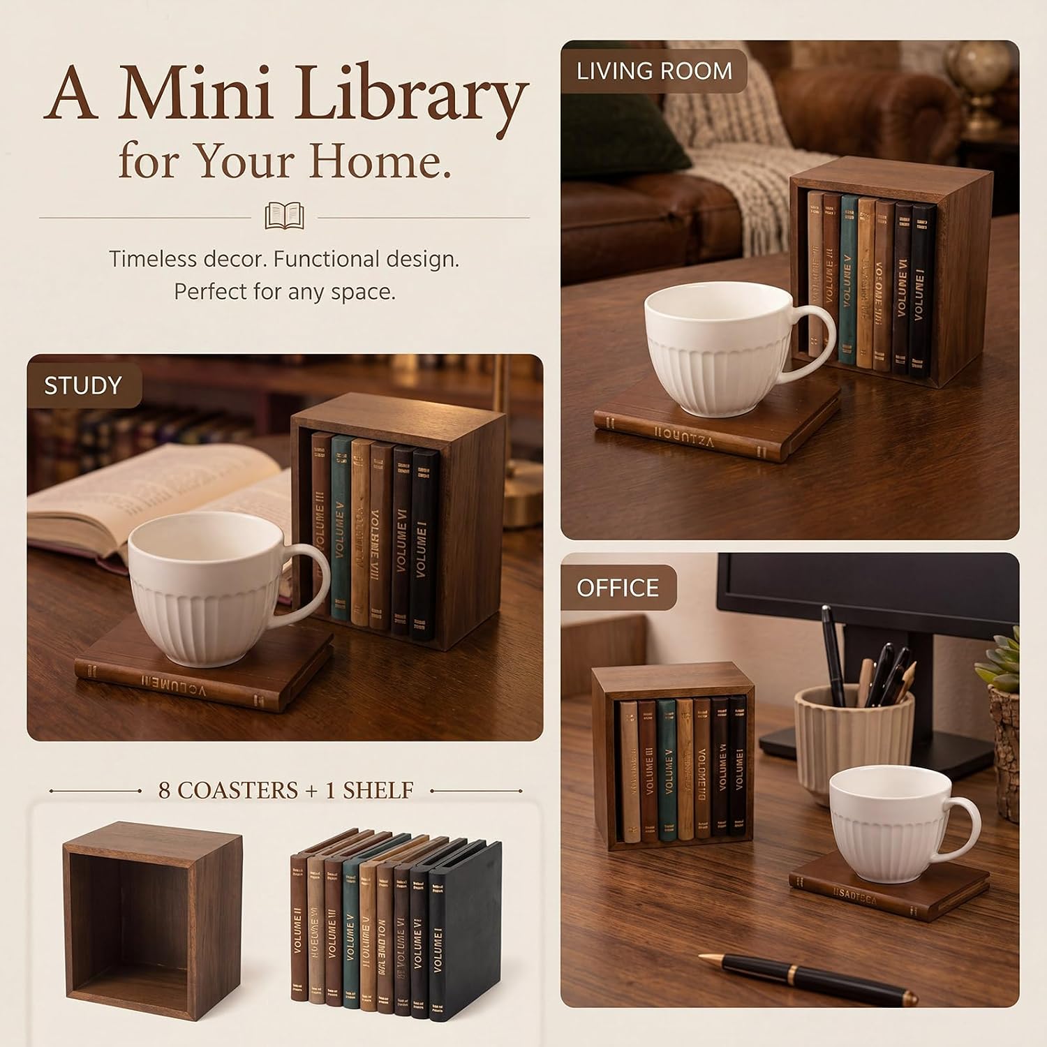 Book Coasters Set of 8 with Mini Wooden Bookshelf Holder