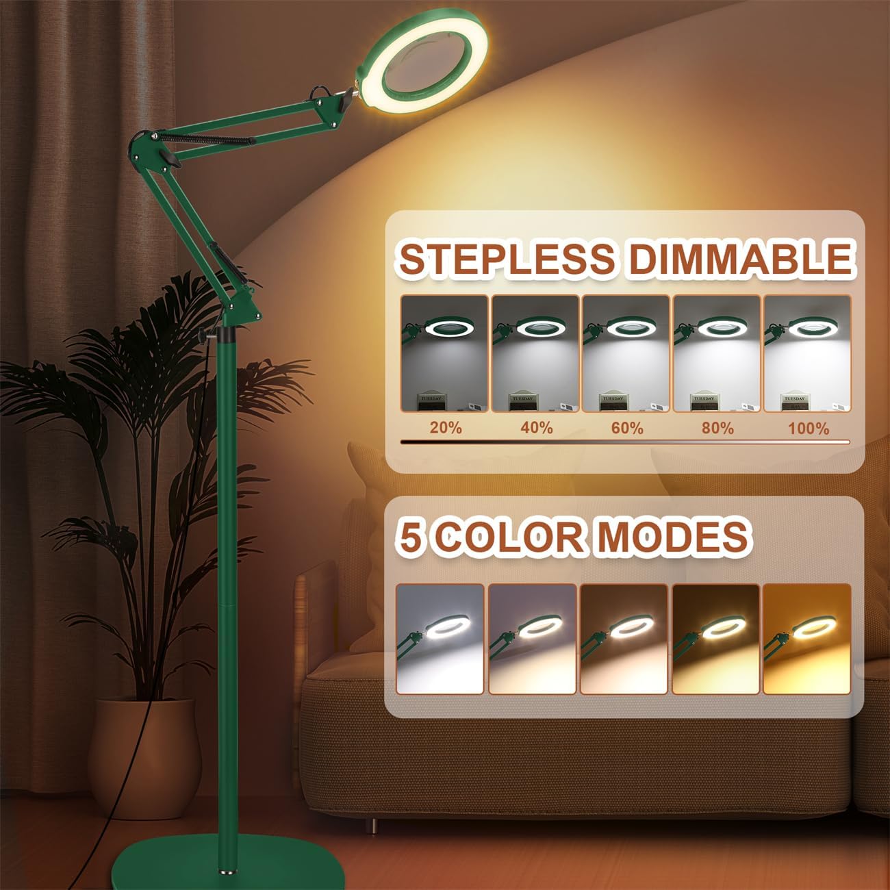 LANCOSC 15X Magnifying Glass with Light and Stand, 3-in-1 Adjustable Swing Floor Lamp, 5 Color Modes Stepless Dimmable, LED Lighted Hands Free Magnifier & Clamp for Reading, Crafts, Painting - Green