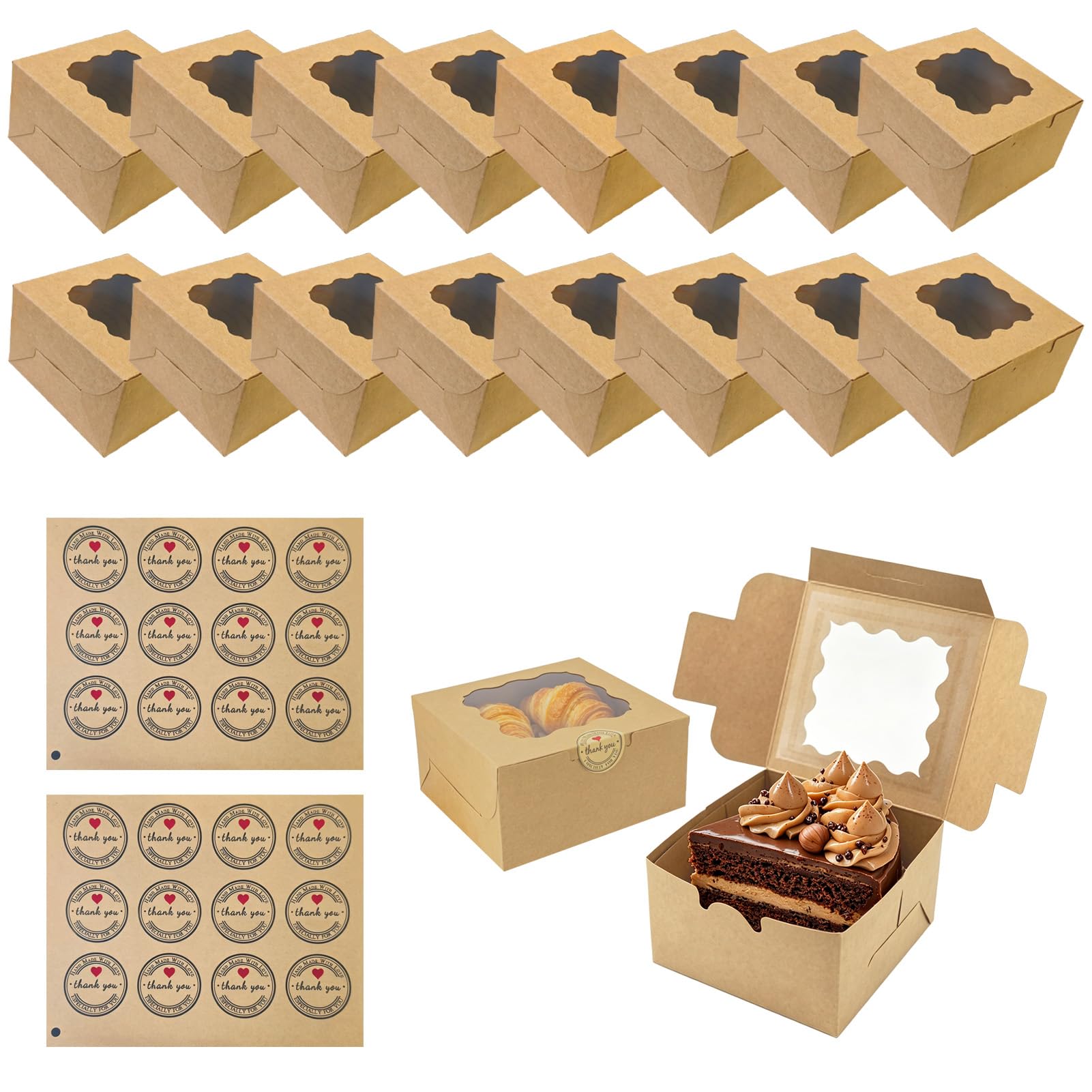 16PCS Cake Boxes for Cake Portions, Mini Cake Boxes with Window, Brown Paper Cake Slice Boxes, Small Cake Box for Cupcakes Cookies Brownies Dessert Packaging (10 x 10 x 6.5cm), 24 Stickers Included