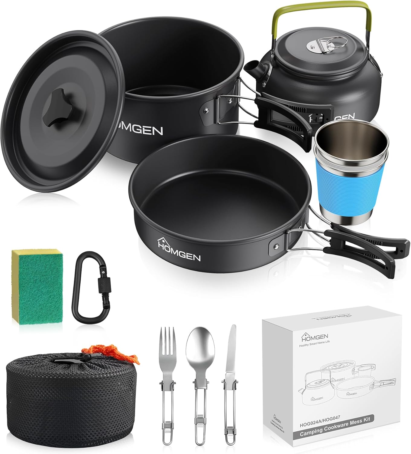 HOMGEN Ultralight Anodized Aluminum Camping Cookware Set for 2 People - Nesting Non Stick Pot/Pan with Foldable Handles Insulated Teapot & Stainless Cups - Compact Backpacking Gear for Camping/Hiking