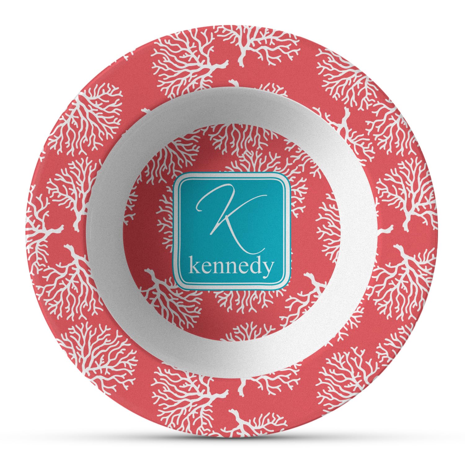 Personalized Coral & Teal Plastic Bowl - Microwave Safe - Composite Polymer