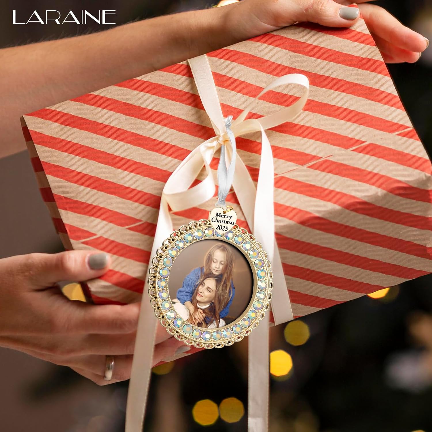 Laraine Christmas Tree Ornaments 3 Pieces – Decorative Hanging 2025 Rhinestones Pendant with Small Picture Frame Insert for Pet Holiday Keepsake Gift (Gold (2025))