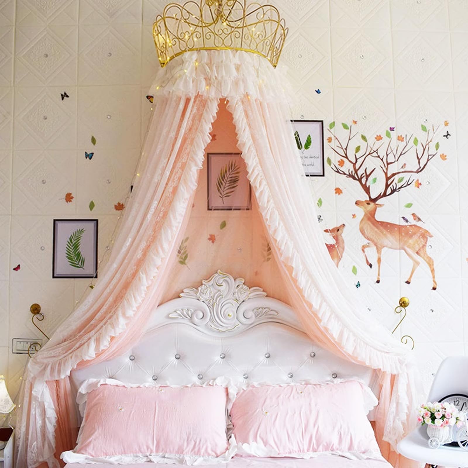 GJMSSMY Bed Canopies & Drapes with Metal Crown, Court Mosquito Net with Decorative Drapery, Cute Decorative Yarn Bed Curtains Drapery Play Tent for Over Beds or Windows