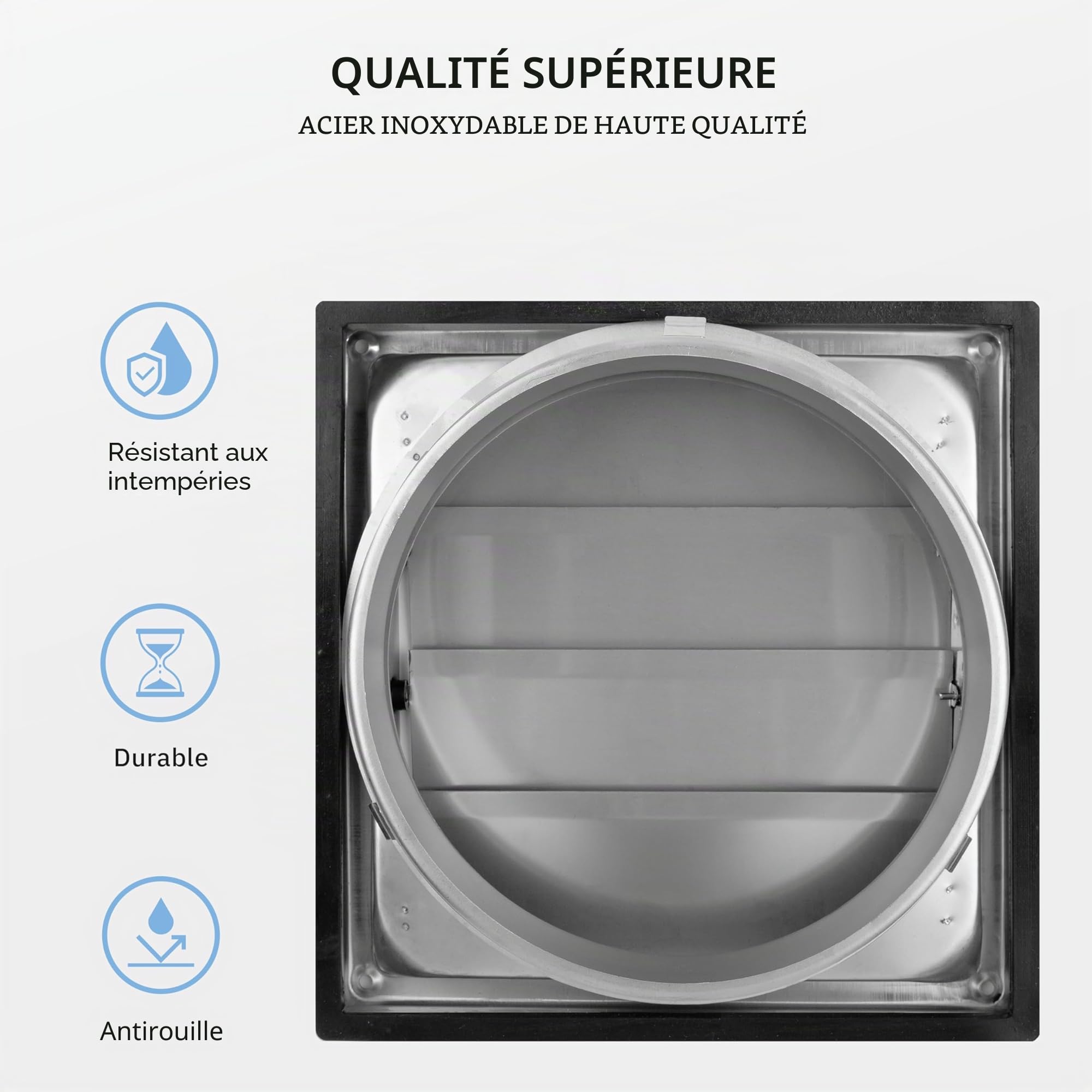 VKE Grille Ventilation 150 mm Grille Inox Anti-retour à Lamelles Mobiles Fermeture Automatique Grille de Hotte Résistant aux Intempéries/Mesure carrée 184x184mm / Aeration Inox