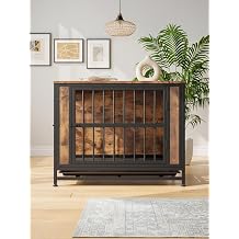 Rustic Brown Wooden Dog Crate Furniture - 32.8" Kennel with 2 Sliding Doors and Thick Iron Frame, Indoor Pet Crate for Medium/Small Dogs