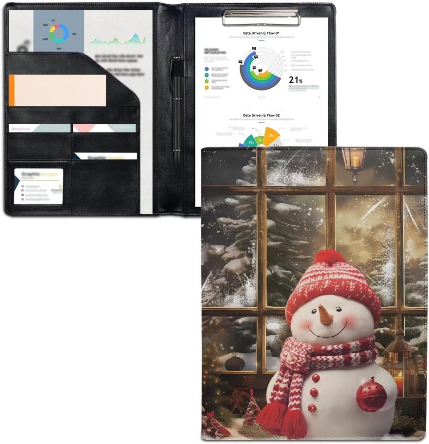 Christmas Snowman Office Padfolio Folder Leather Portfolio, A4 Document Folder Legal Pad Padfolio Halloween Gifts Writing Letter Notepad Clipboard Clip