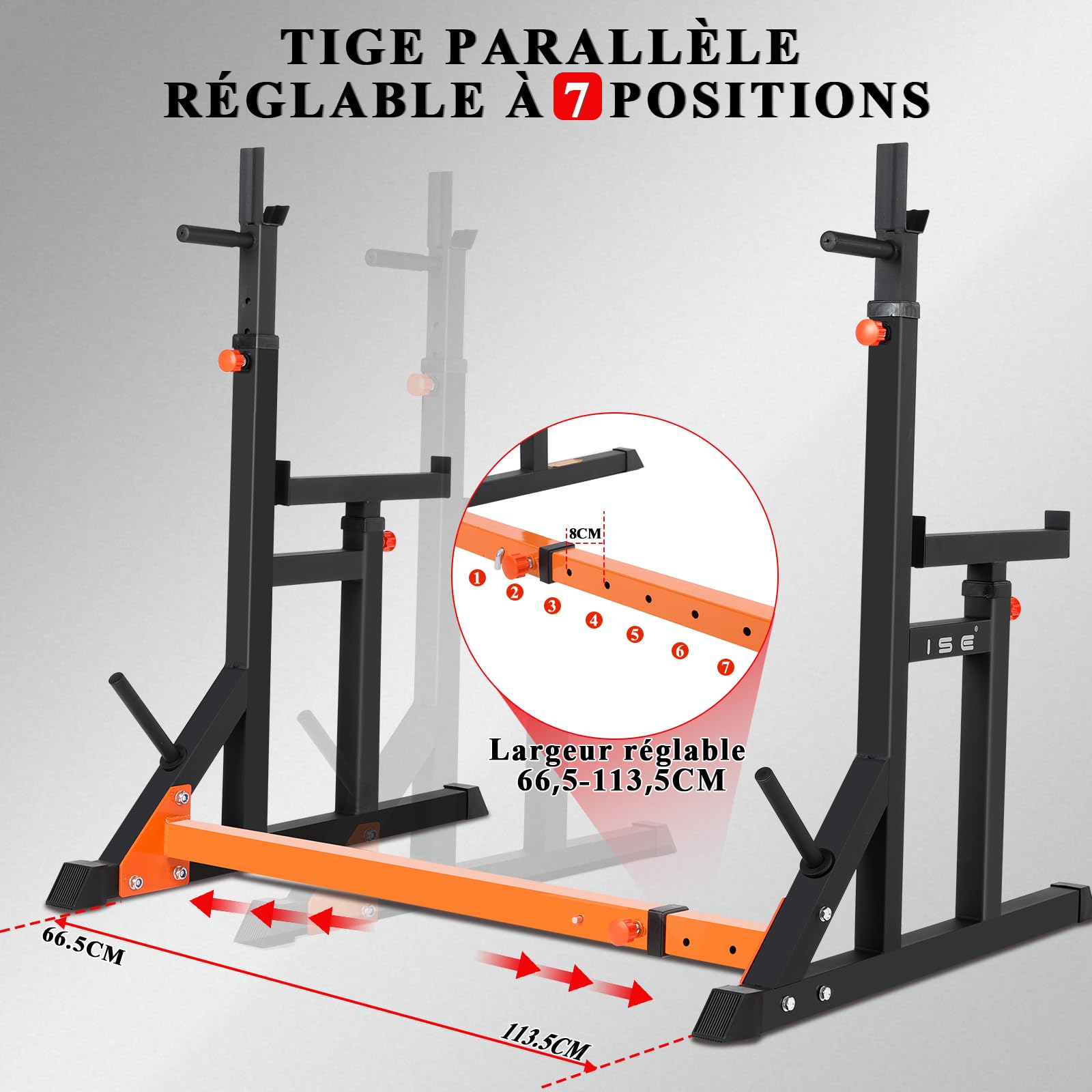ISE Support Barre de Musculation Multifonction, Rack Squat avec Barres pour Haltères, Cage de Musculation en Acier, Rack Musculation Hauteur et Largeur Réglable, Cage Squat, Home Gym Noir et Rouge
