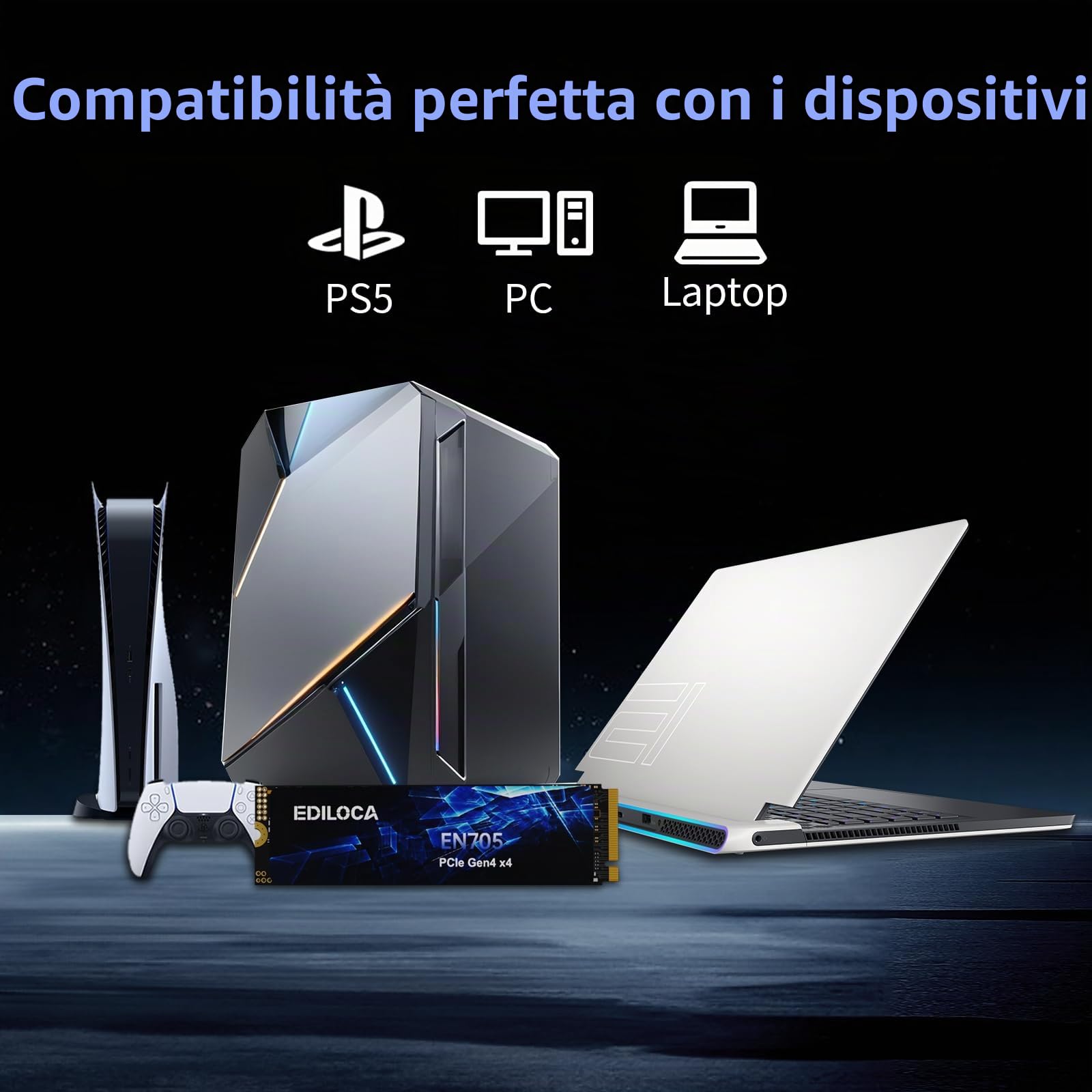 Ediloca EN705 SSD 4TB PCIe Gen4, NVMe M.2 2280, 3D NAND QLC, fino a 5000 MB/s, unità a stato solido interna, cache SLC dinamica, compatibile con PS5, laptop e PC desktop