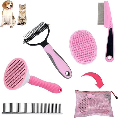 Juego de 5 piezas de aseo para perro, cachorro, cepillo para deshedding y slicker para mascotas de pelo corto, peine para pulgas y peine de aseo gris