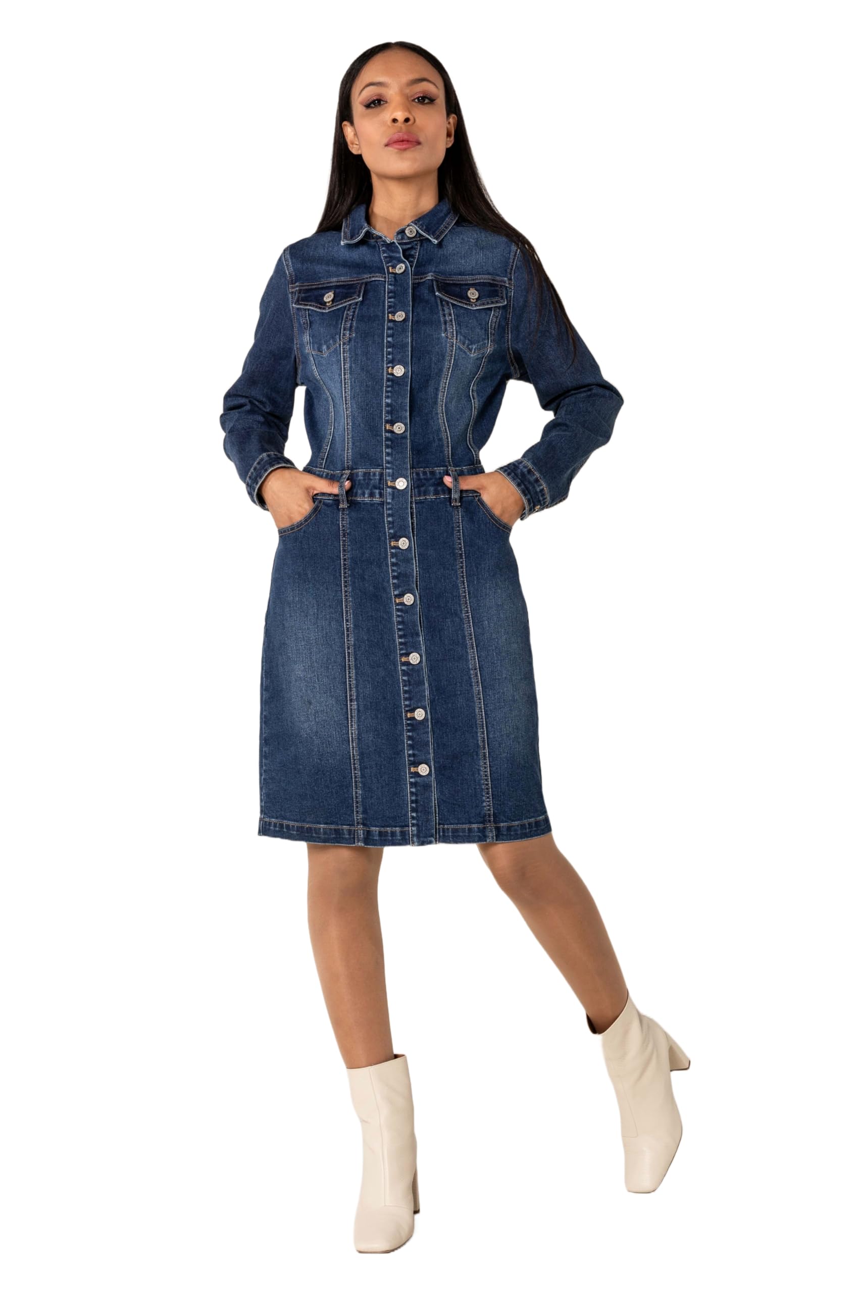 Nina Carter S538 Damen Jeanskleid mit Knöpfen Langärmlig Denim Kleid Stretch Knielang Blusenkleid Used-Look