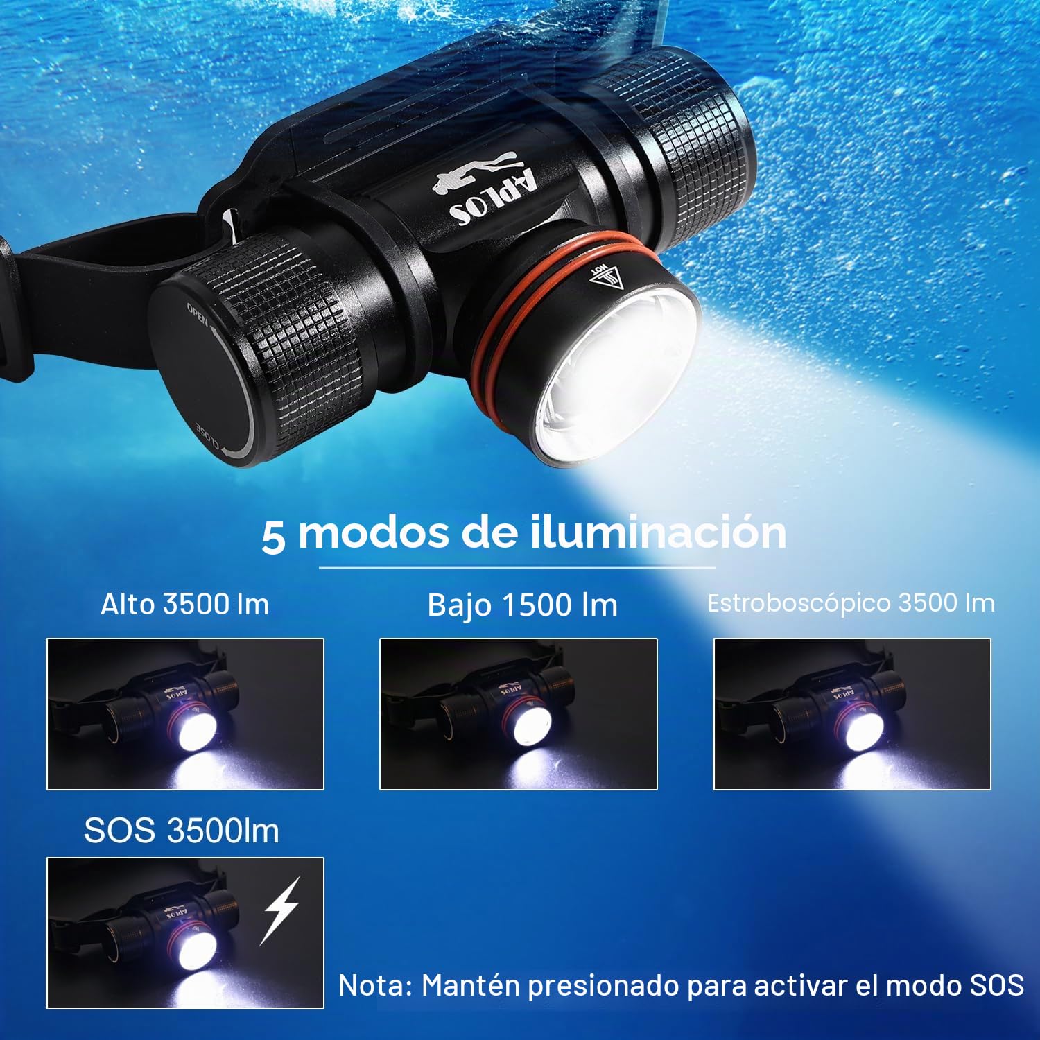 APLOS H800 Linterna Frontal Buceo Recargable, 3500 Lúmenes Profesional Linterna Submarinismo con Lente TIR, Indicador de Potencia para Espeleología, Esnórquel y Pesca Submarina