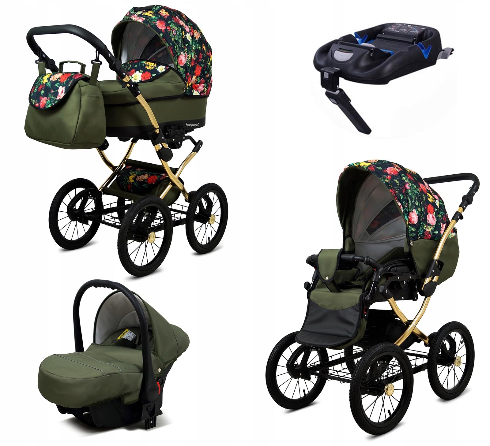 BabyLux Zestaw wózków dziecięcych 4 w 1 – Margaret Gold – w zestawie wanienka dla niemowląt, fotelik sportowy, fotelik samochodowy, stacja bazowa ISOFIX – fotelik samochodowy – zestaw wózków