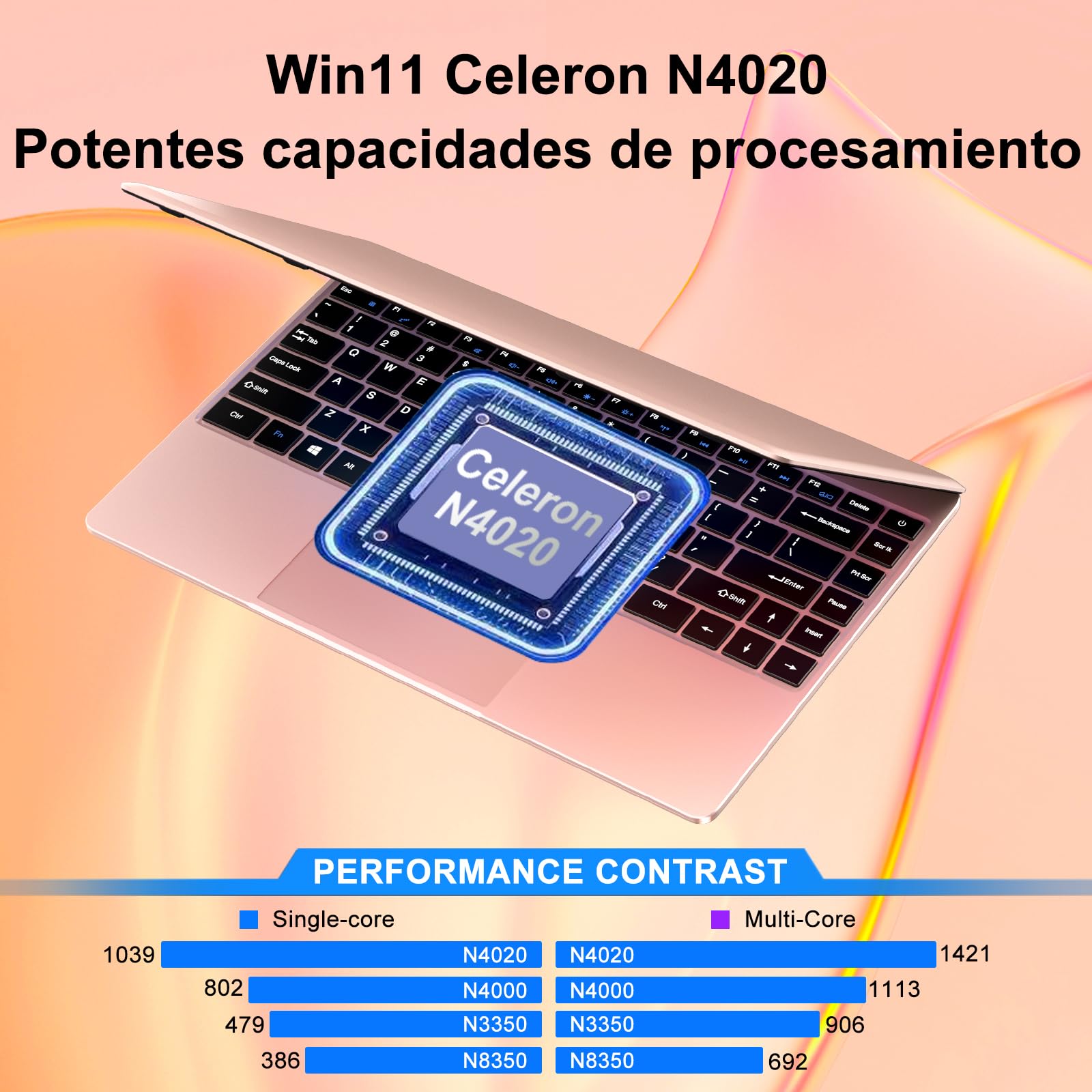 Ordenador Portatil Celeron N4020 Up to 2.8Ghz, Ordenadores Portatiles 14 Pulgadas Win 11 con 5G WiFi 6+256GB SSD Expansión 1TB, BT 4.2 1920*1080 FHD Mini Puerto Multimedia Portatiles Buenos-Oro