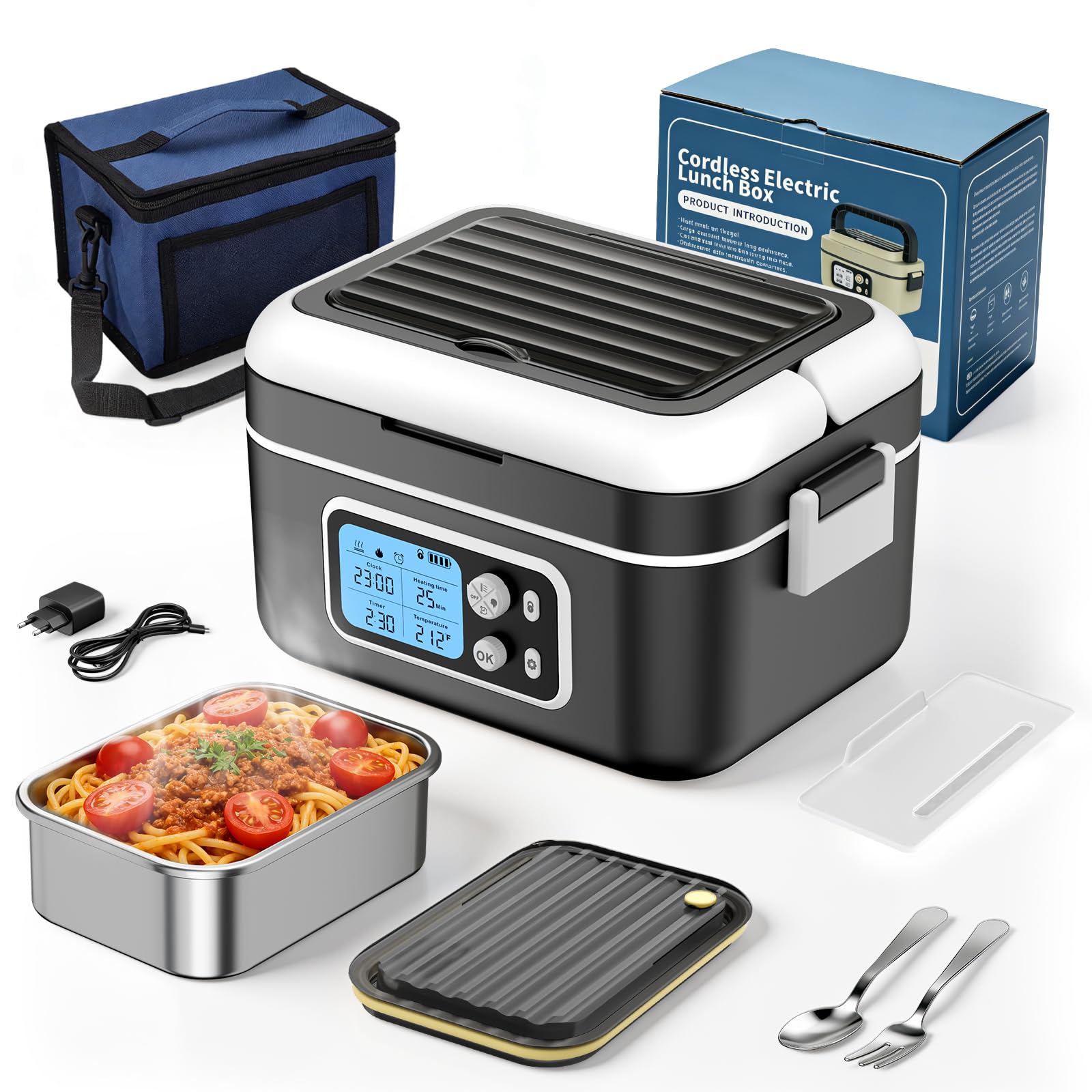 Fiambrera Electrica Recargable, 1,5 L Taper Electrico para Comida con Pantalla LCD y Temporizador, Fiambrera Termica Portátil con Vajilla de Acero Inoxidable y Bolsa Aislante para Coche, Oficina