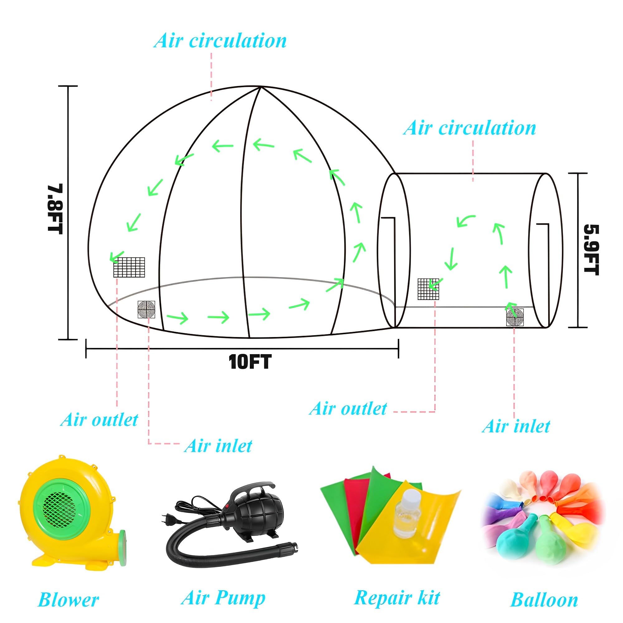 Nadmuchiwany domek z bąbelkami PVC dmuchany zamek zewnętrzny nadmuchiwany namiot z dmuchawami i pompką na imprezy w pomieszczeniach w ogrodzie weselnym lub parku, 300 cm