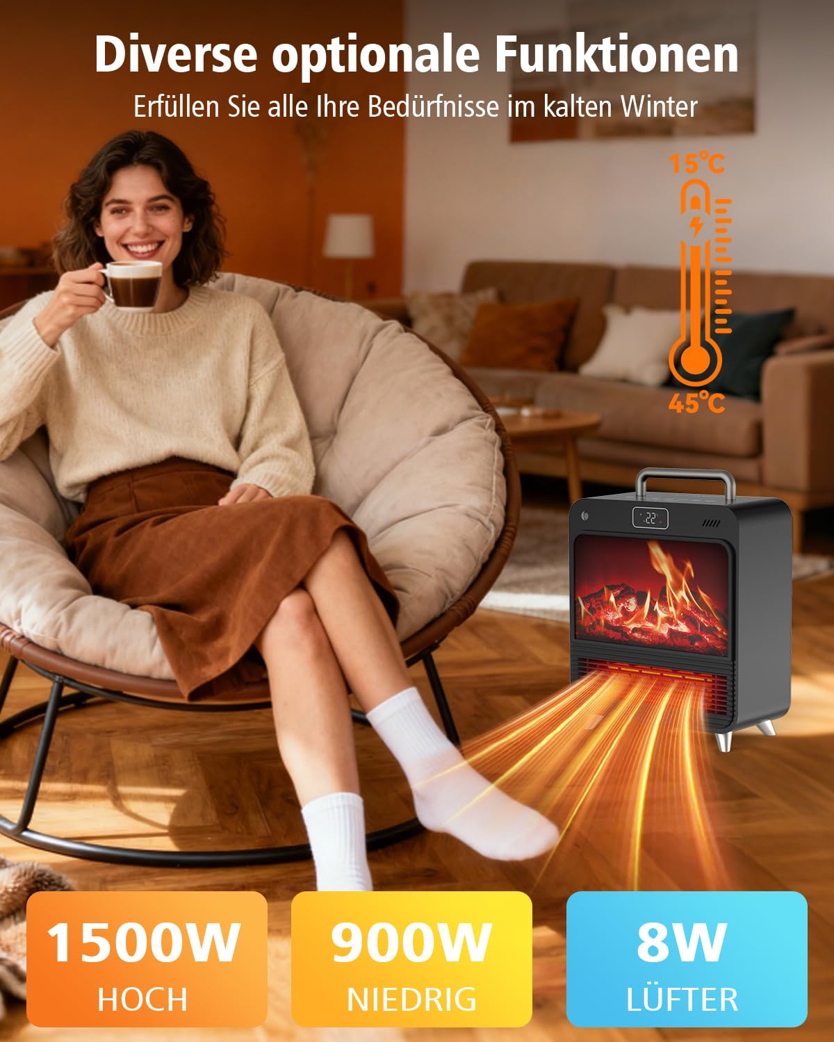 Heizlüfter Energiesparend 1500W, PTC Keramik Heizung mit 4 Modi & Thermostat, Erlebe leisen Komfort im Schlafzimmer mit Kaminofen-Imitation Holzofeneffekt, Überhitzungs- & Kippschutz sowie 12H Timer