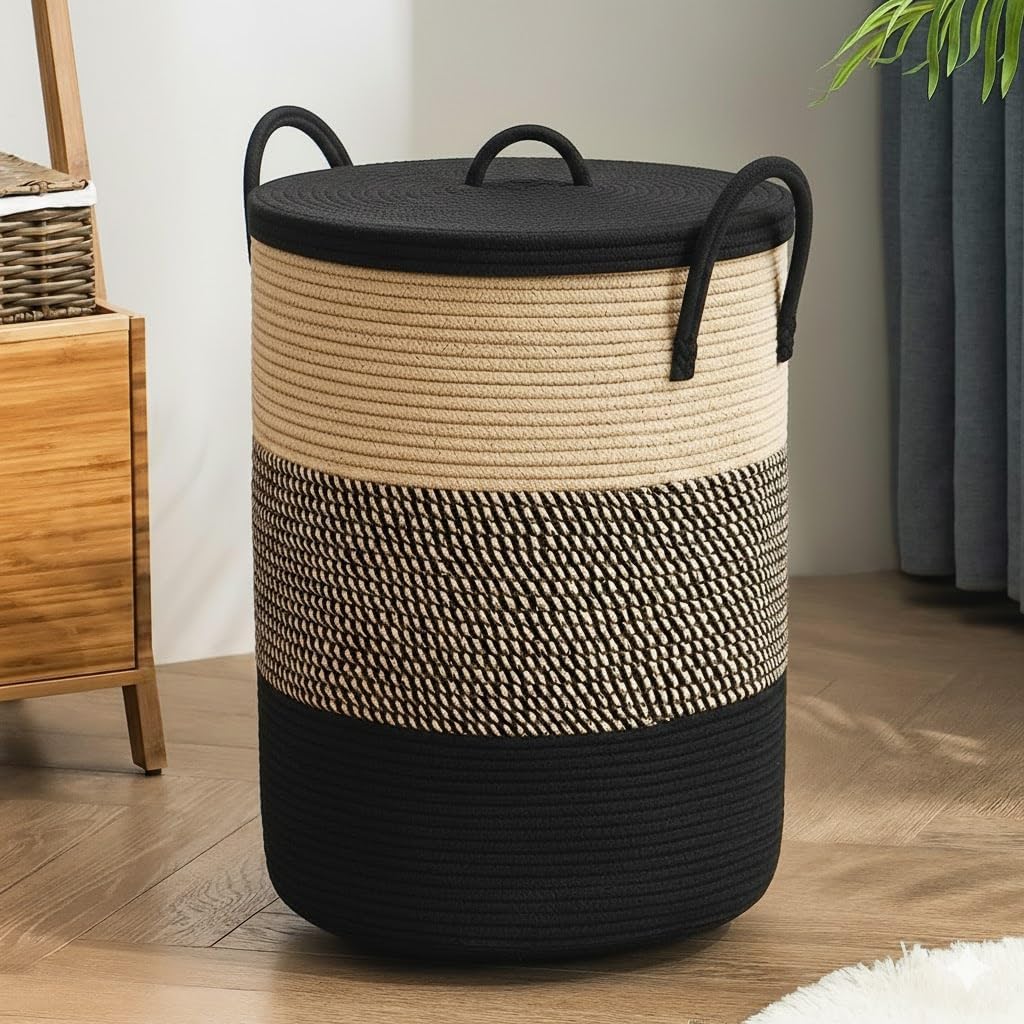 SPANCO HOME lid Laundry Basket for Clothes, Toy Storage Basket, Storage Basket for Living room, Multi-Purpose, Extra Large Laundry Basket, Dirty Cloth Baskets, 15x20 in inch (LXH) (BG10)